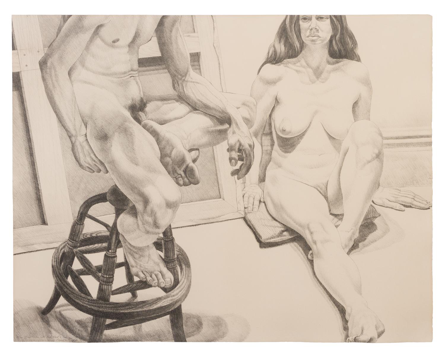Philip Pearlstein, (American, b. 1924), Two Nudes with Oak Stool and Canvas, 1976