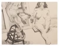 Philip Pearlstein, (American, b. 1924), Two Nudes with Oak Stool and Canvas, 1976