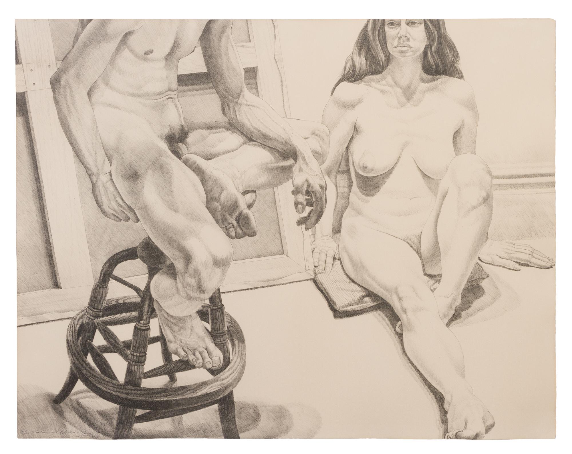 Philip Pearlstein, (American, b. 1924), Two Nudes with Oak Stool and Canvas, 1976