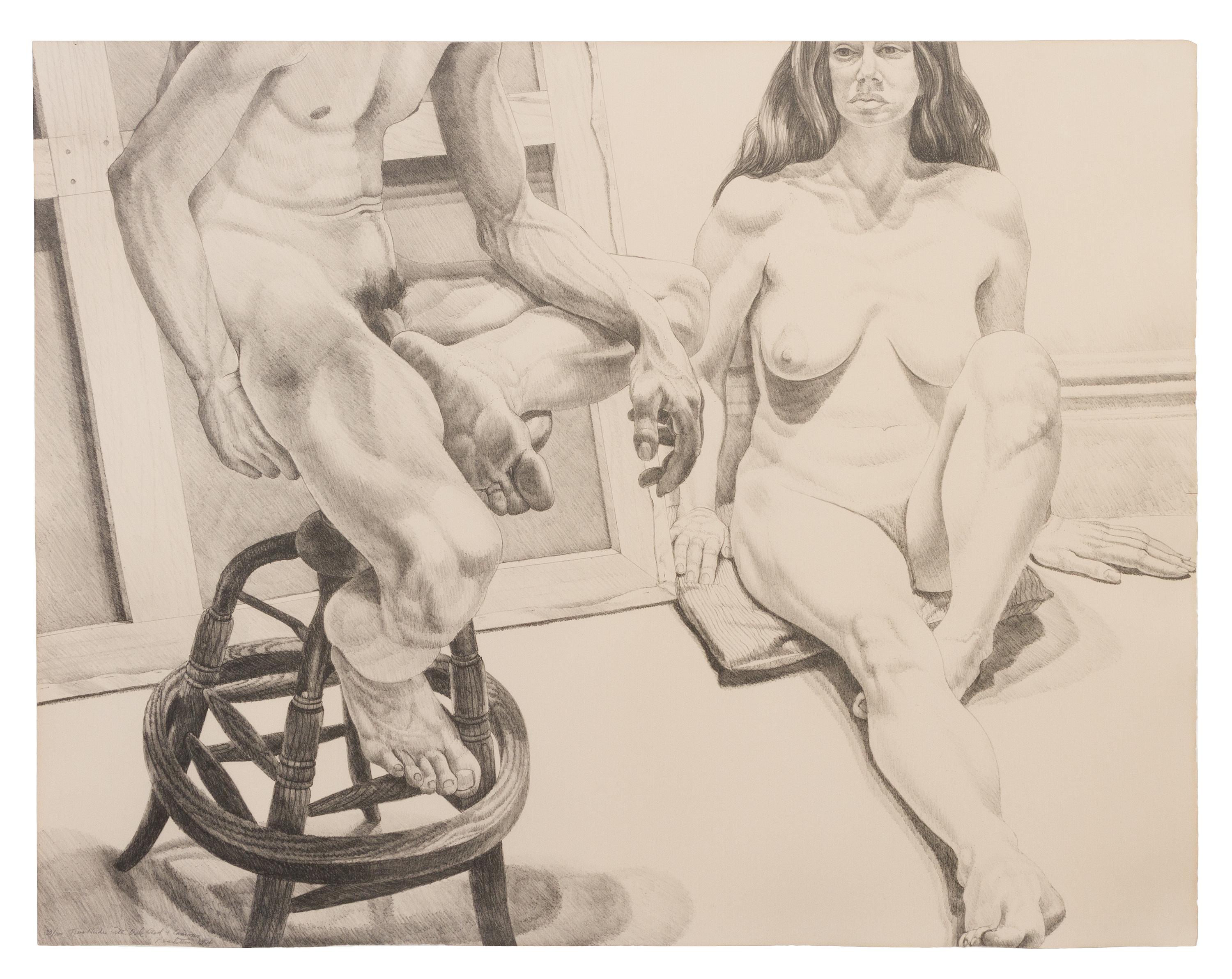 Philip Pearlstein, (American, b. 1924), Two Nudes with Oak Stool and Canvas, 1976