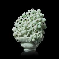 A Chinese Reticulated Jadeite "Sanduo" in Basket Group, 20th Century 近代 翡翠鏤雕三多擺件