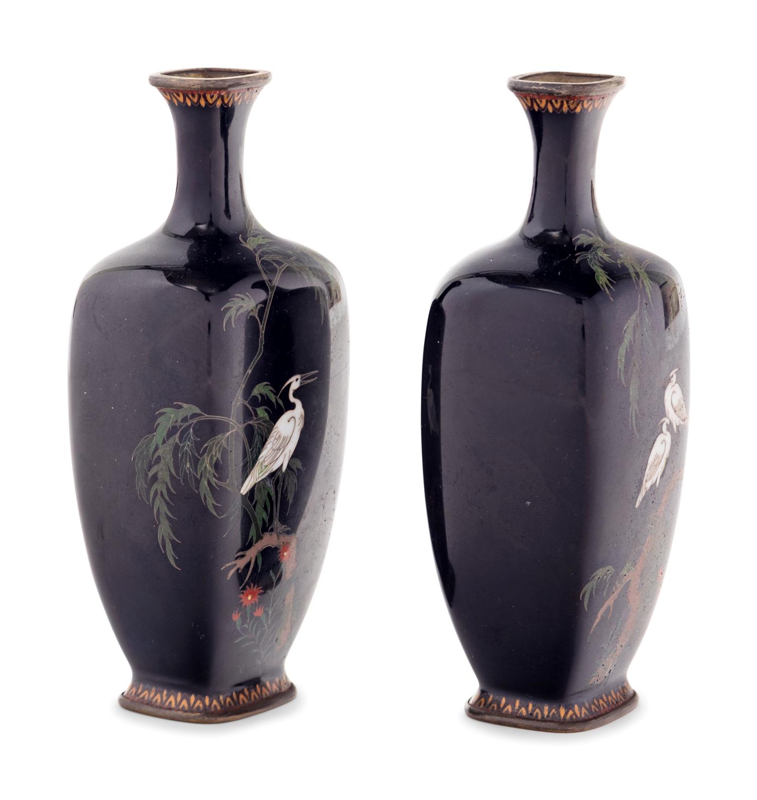 A Pair of Black Ground Cloisonné Vases
