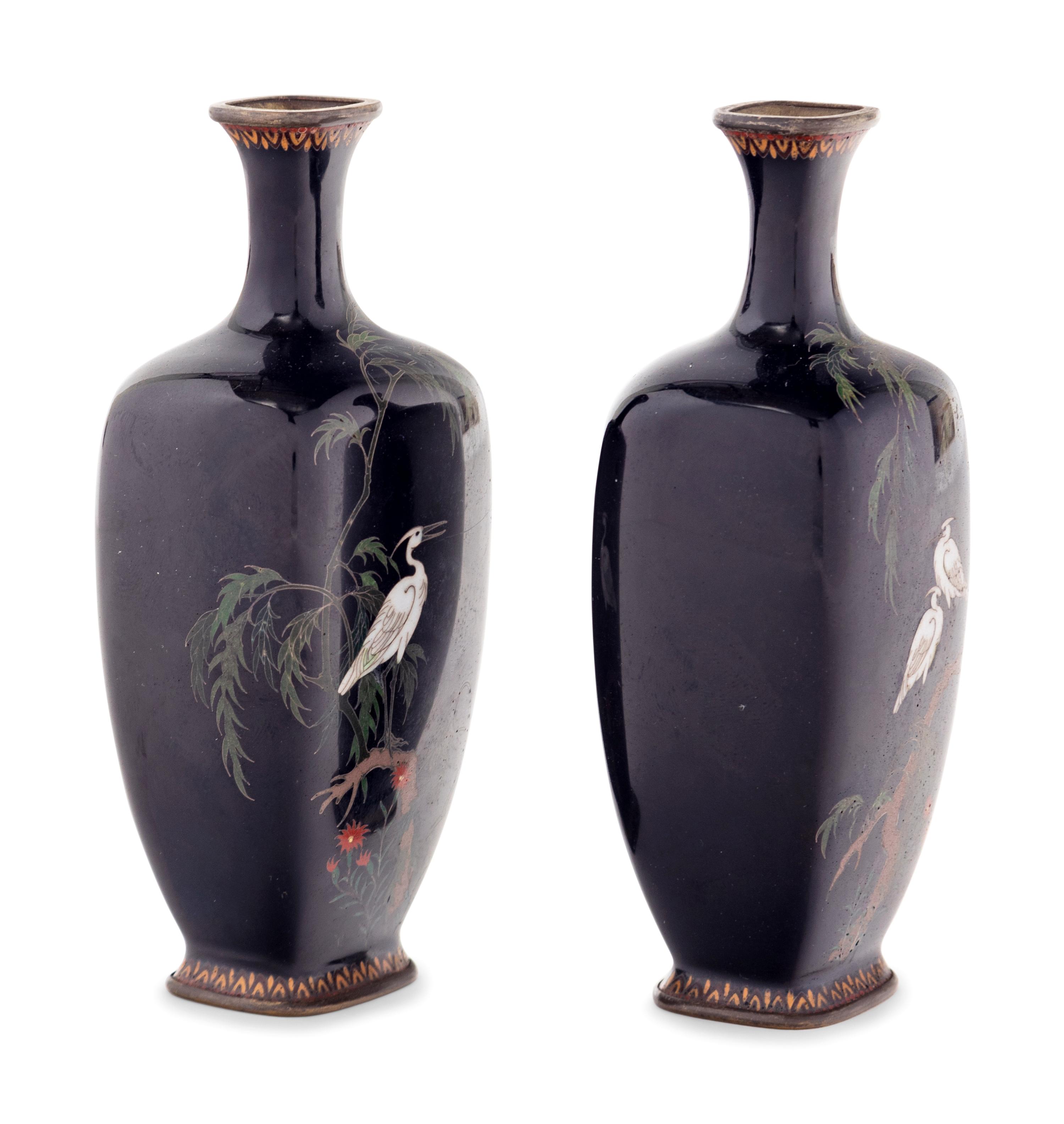 A Pair of Black Ground Cloisonné Vases