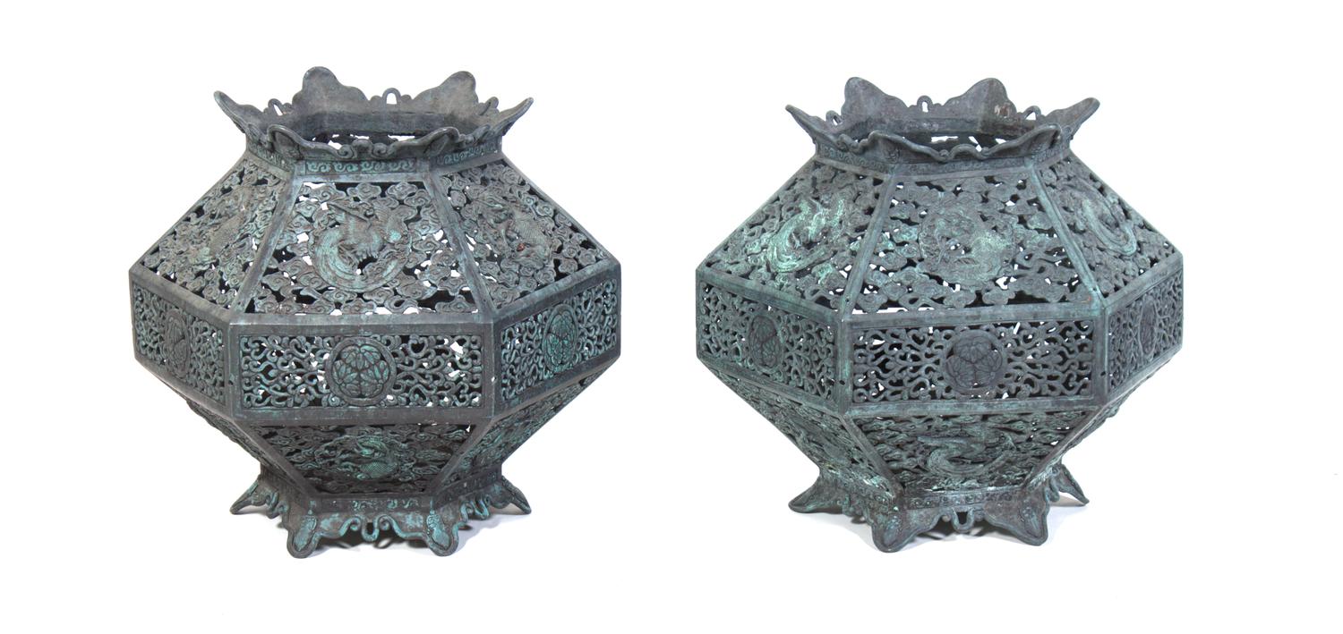 A Pair of Japanese Bronze Lanterns Height 17 1/2 inches.