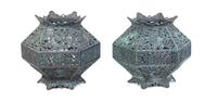 A Pair of Japanese Bronze Lanterns Height 17 1/2 inches.