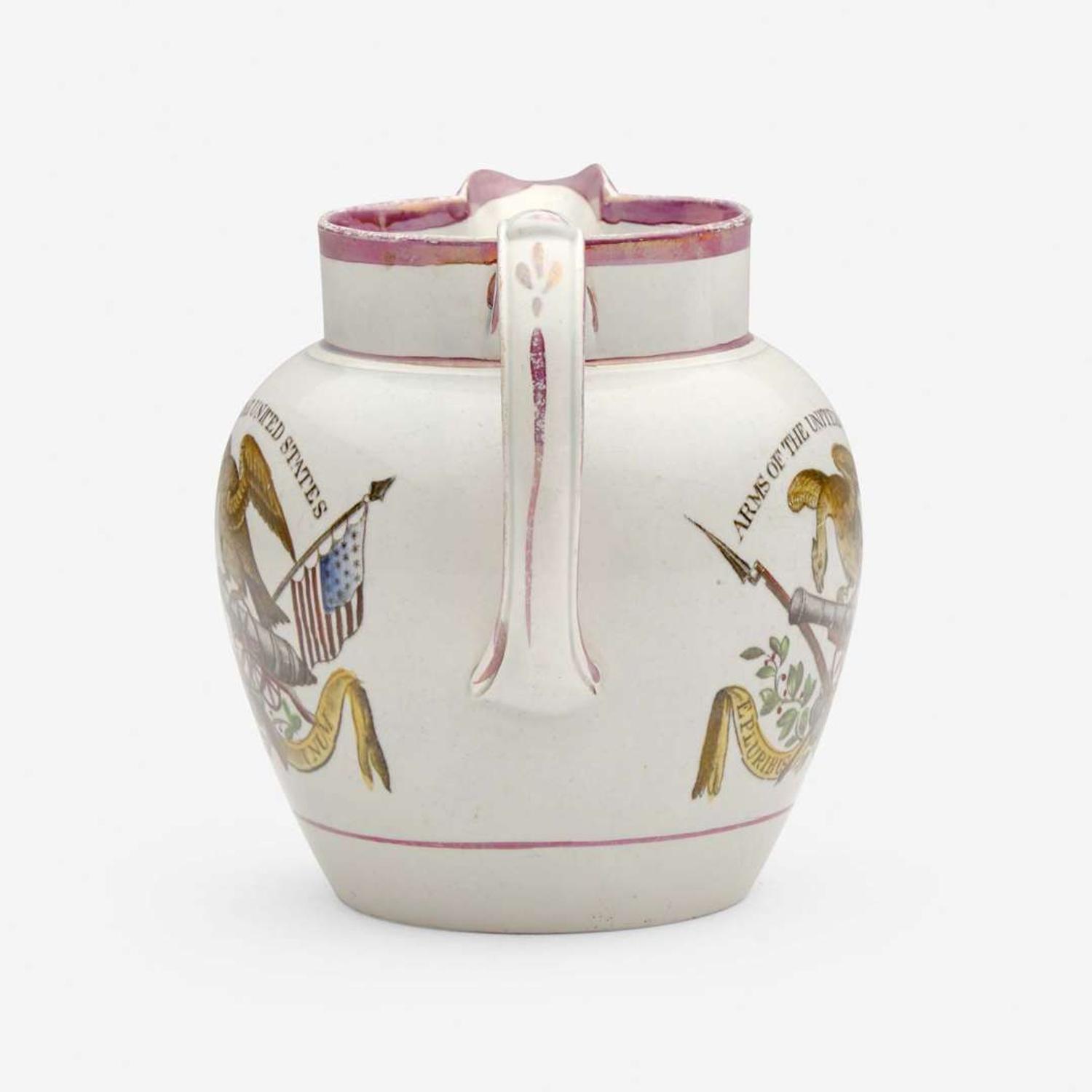 A small Staffordshire enamel and transfer-decorated pearlware jug England, early 19th century