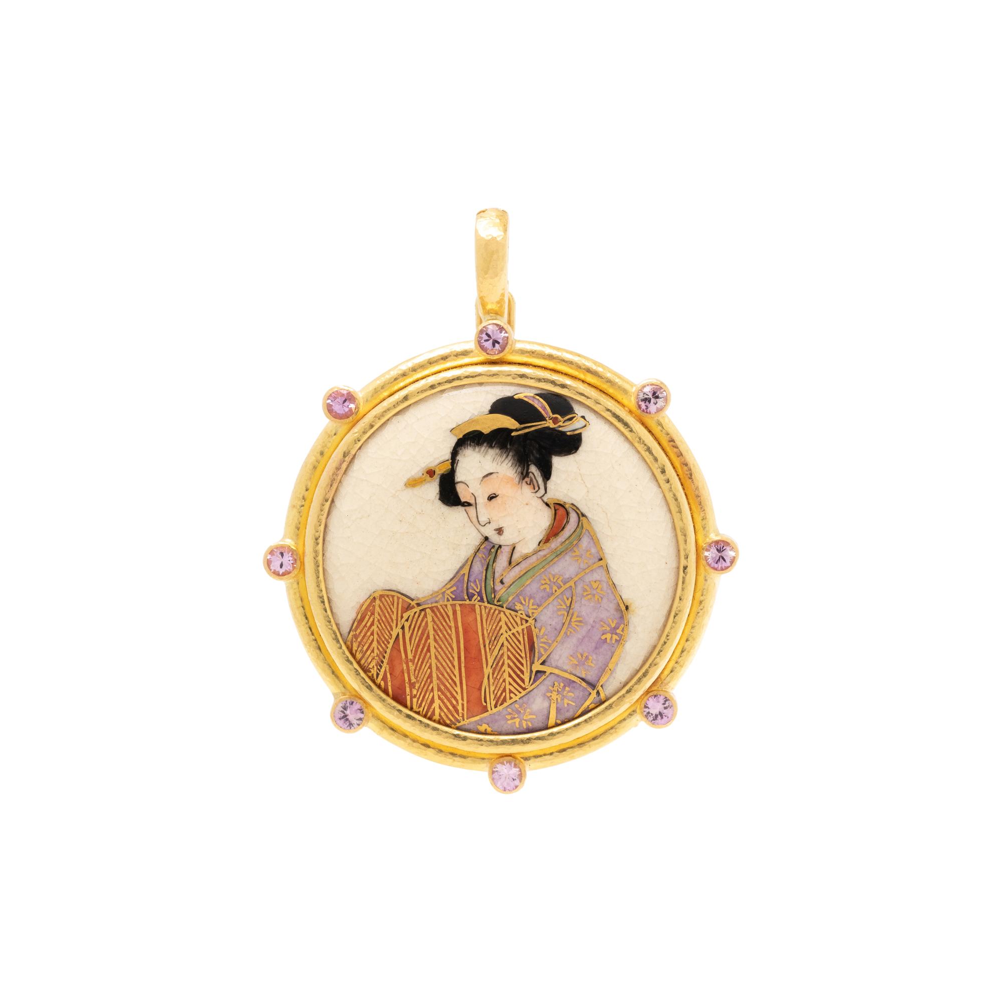 ELIZABETH LOCKE, PORCELAIN BUTTON AND PINK SAPPHIRE 'GEISHA' PENDANT