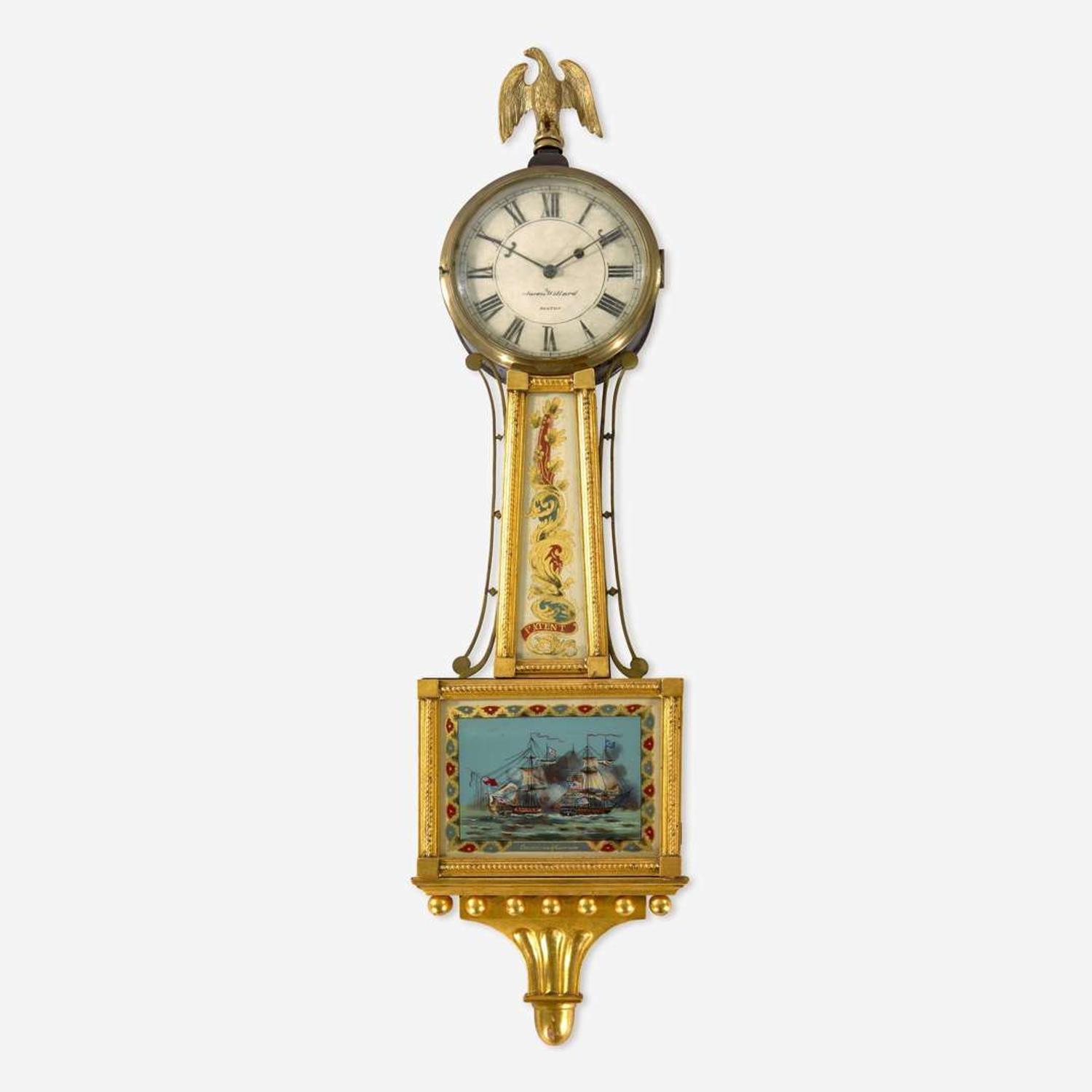 A Federal giltwood and églomisé banjo clock Aaron Willard (1757-1844), Boston, MA, the works marked "Elnathan Taber Boston Masstts 1821," early 19th century