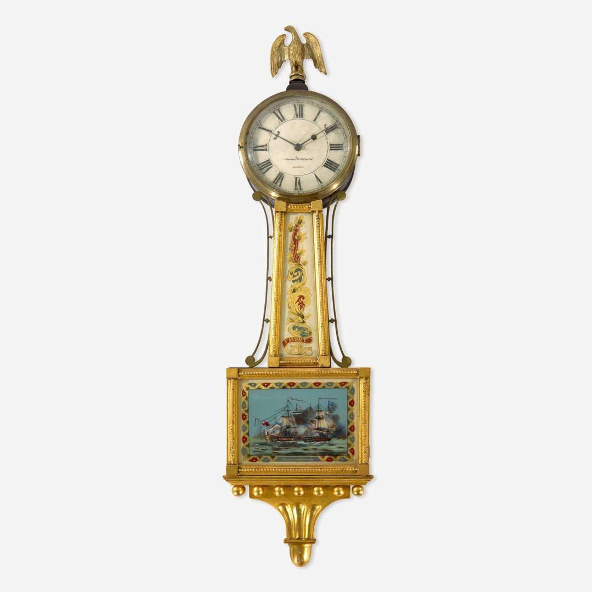 A Federal giltwood and églomisé banjo clock Aaron Willard (1757-1844), Boston, MA, the works marked "Elnathan Taber Boston Masstts 1821," early 19th century