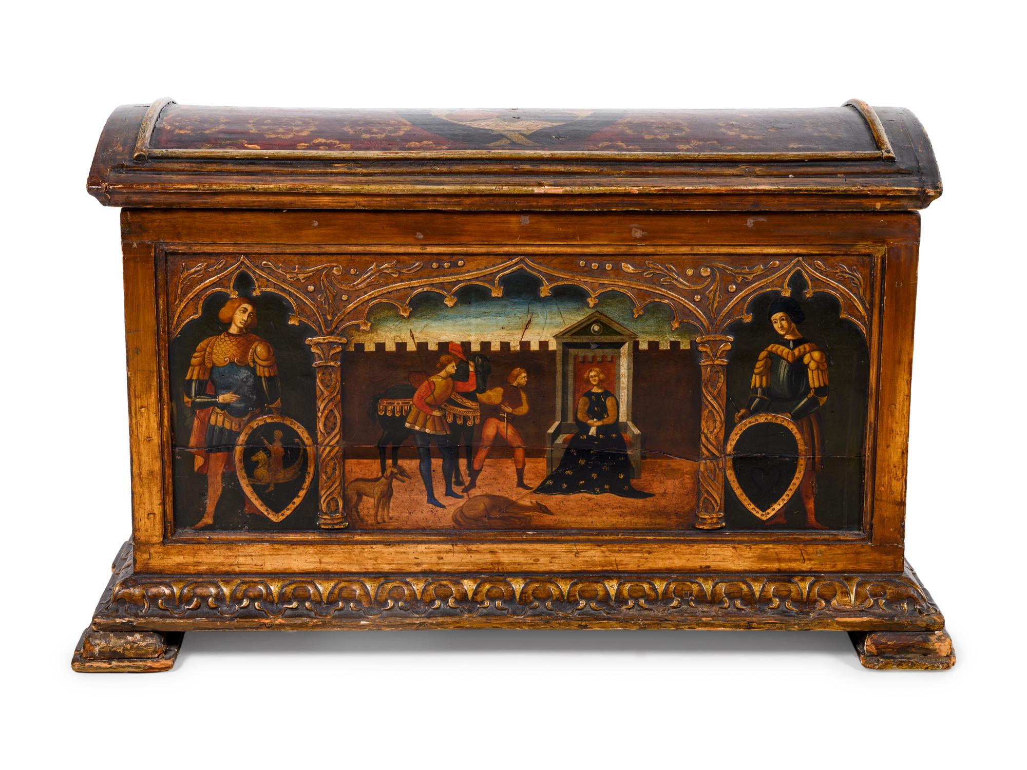 An Italian Gothic Style Painted and Parcel Gilt Trunk