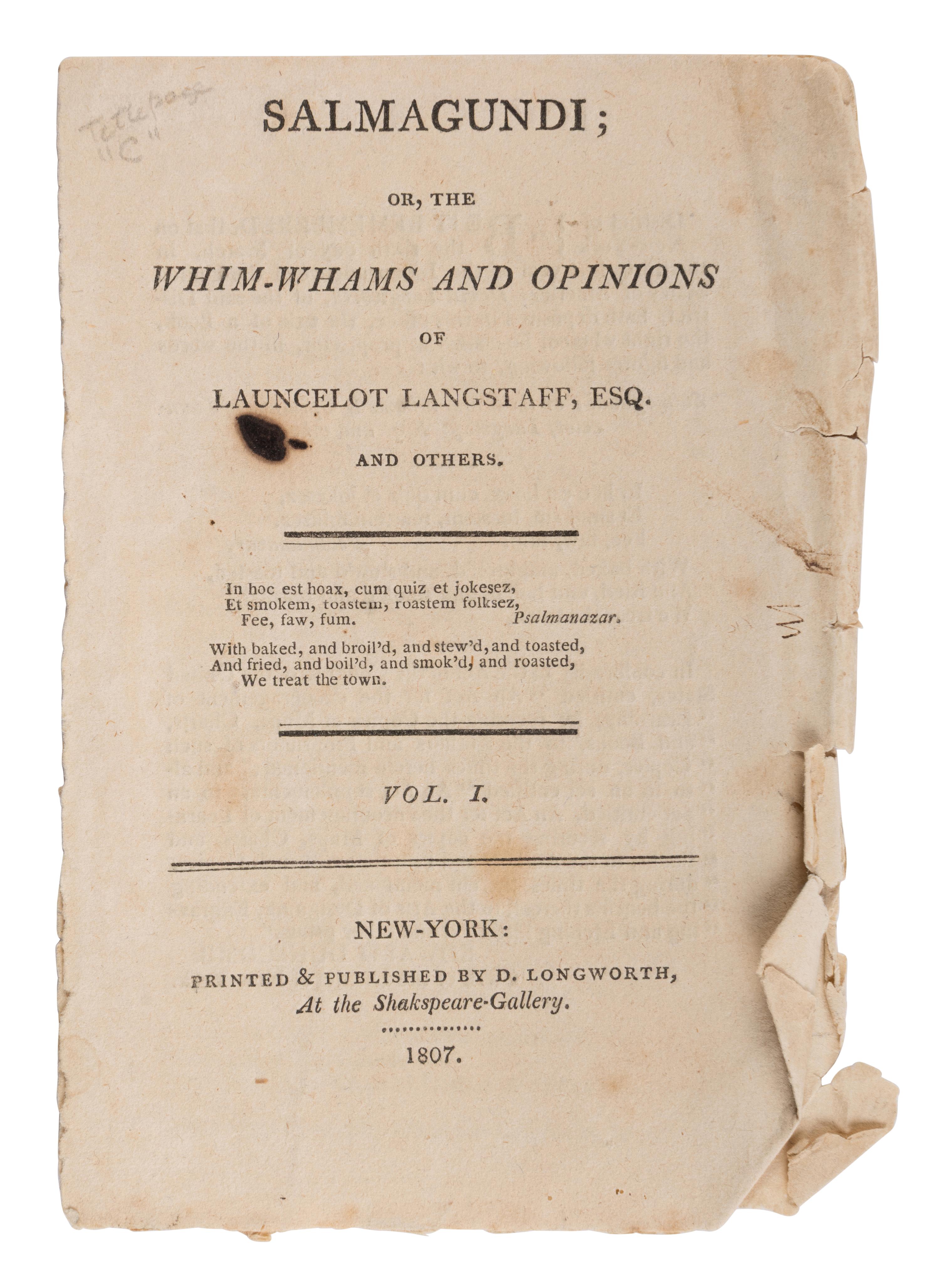 [Irving, Washington (1783-1859), et al.] Salmagundi or, the Whim-Whams and Opinions of Launcelot Langstaff, & Others. New York: David Longworth, 24 January 1807-25 January 1808.