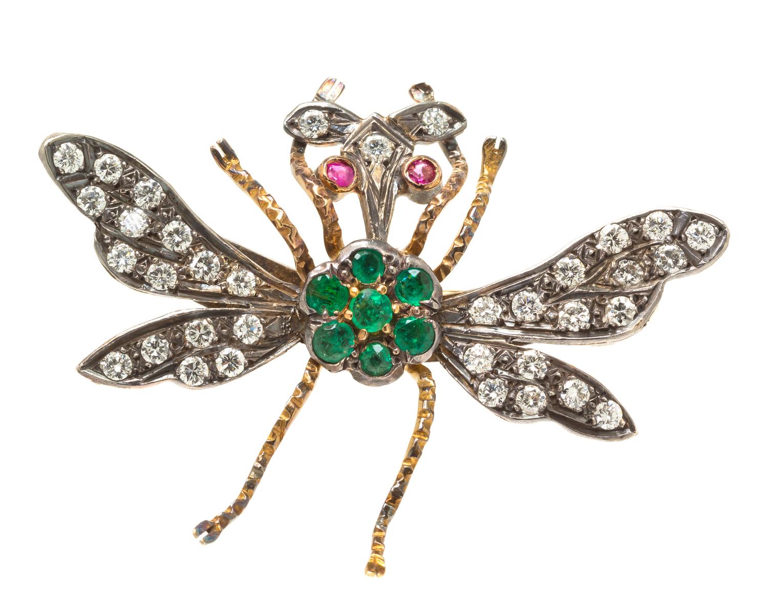 A Gold, Silver, Diamond, Emerald and Ruby Insect Brooch, 9.30 dwts.