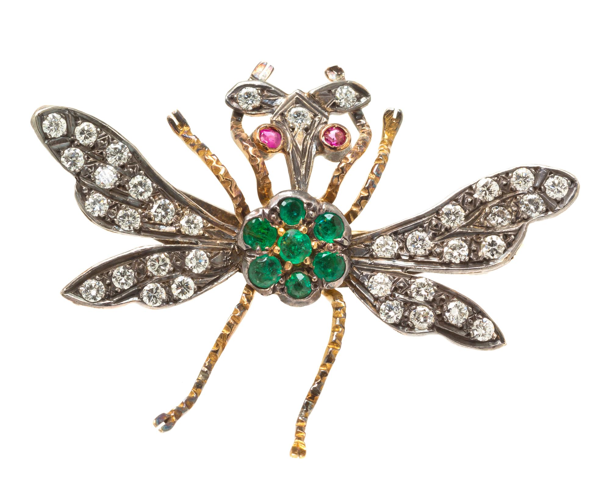 A Gold, Silver, Diamond, Emerald and Ruby Insect Brooch, 9.30 dwts.