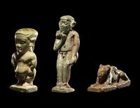 Three Egyptian Faience Amulets Including a Pataikos, a Harpocrates, and a Recumbent Lion