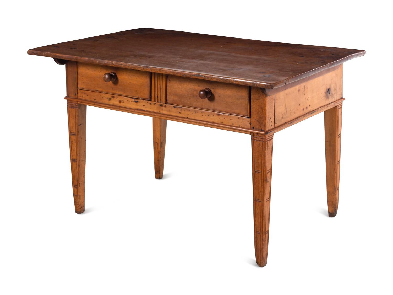 A Continental Fruitwood Lift-Top Two-Drawer Table