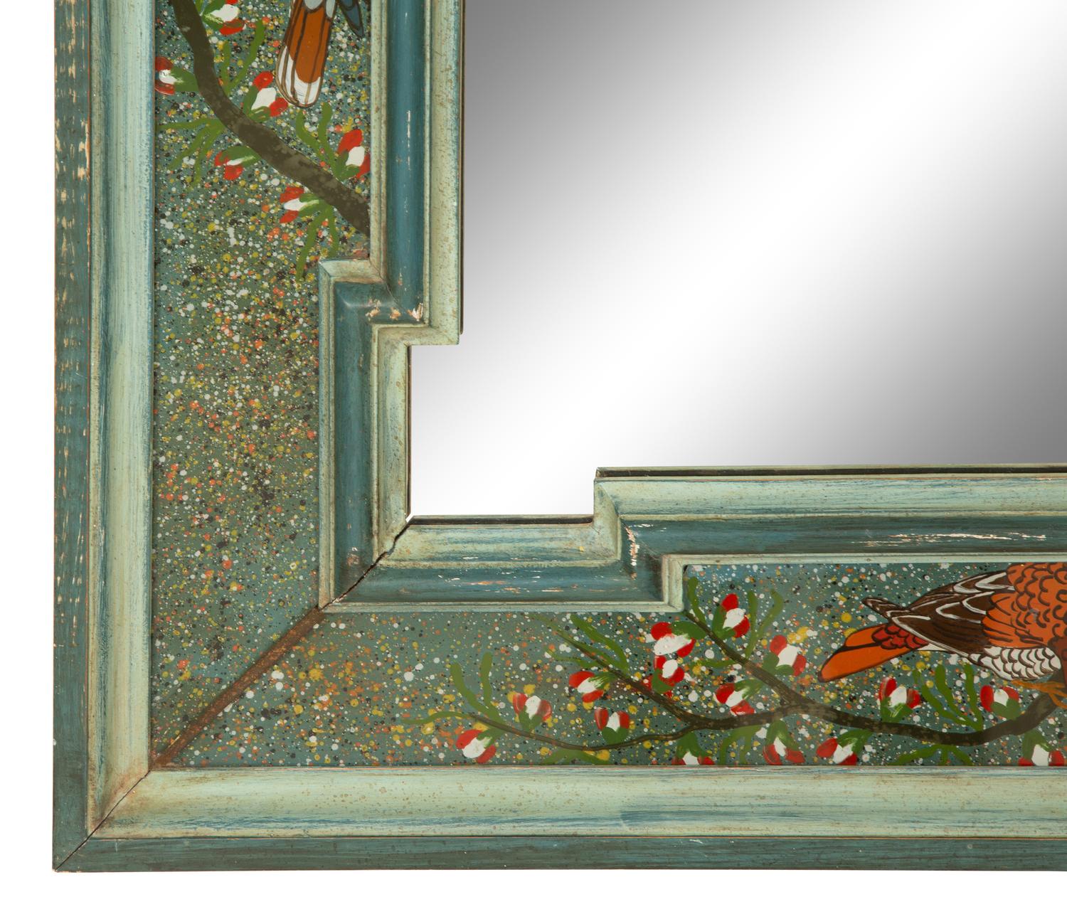 A Painted Molded Wood Framed Mirror with Reverse Painted Glass Panels Depicting Birds in Foliage