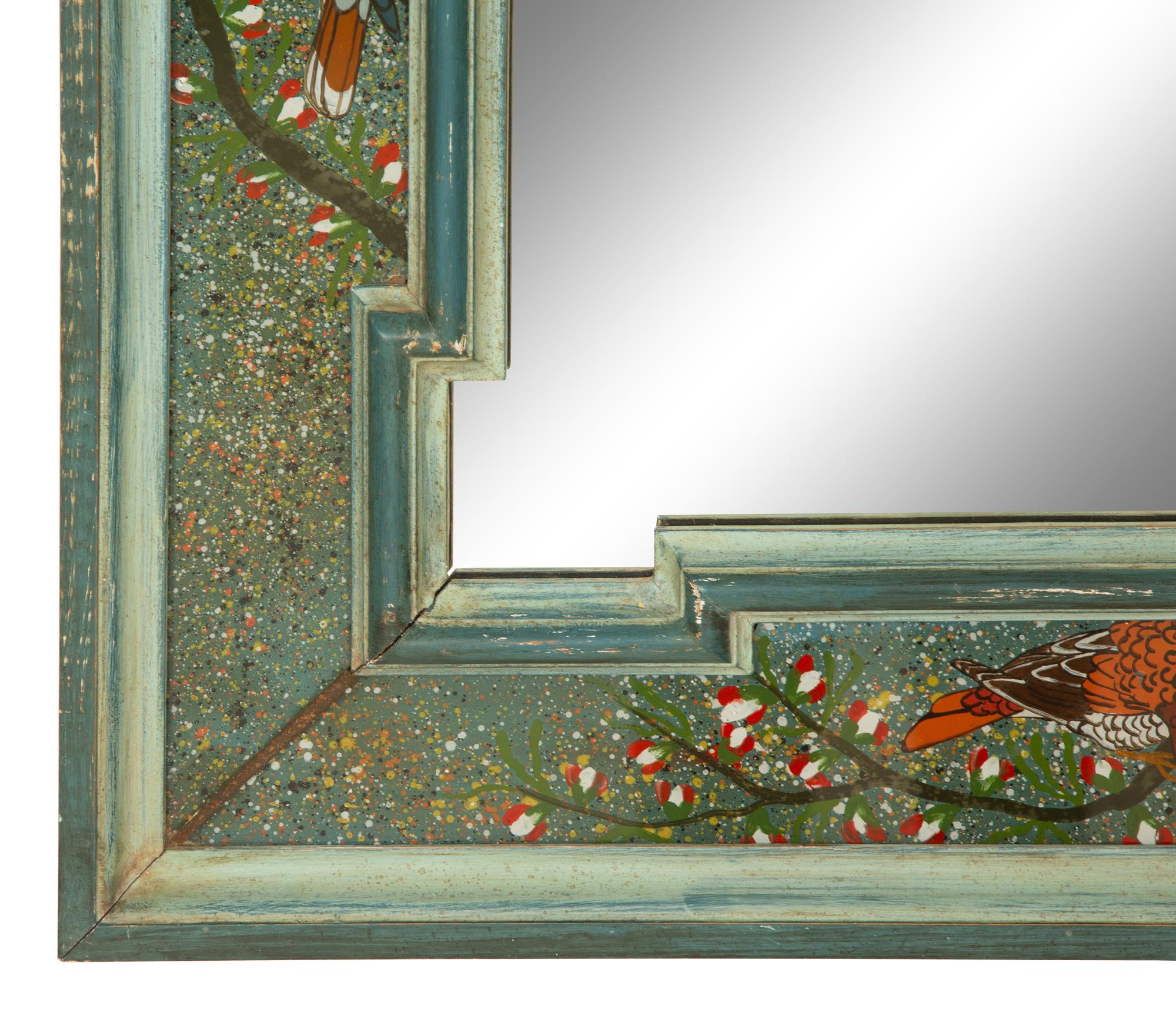 A Painted Molded Wood Framed Mirror with Reverse Painted Glass Panels Depicting Birds in Foliage