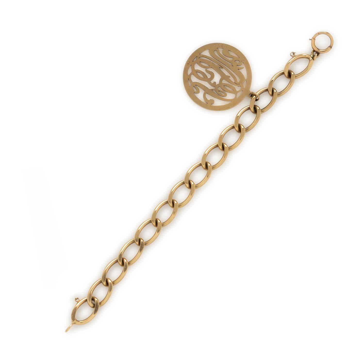 Yellow Gold Chain Bracelet with Monogram Charm