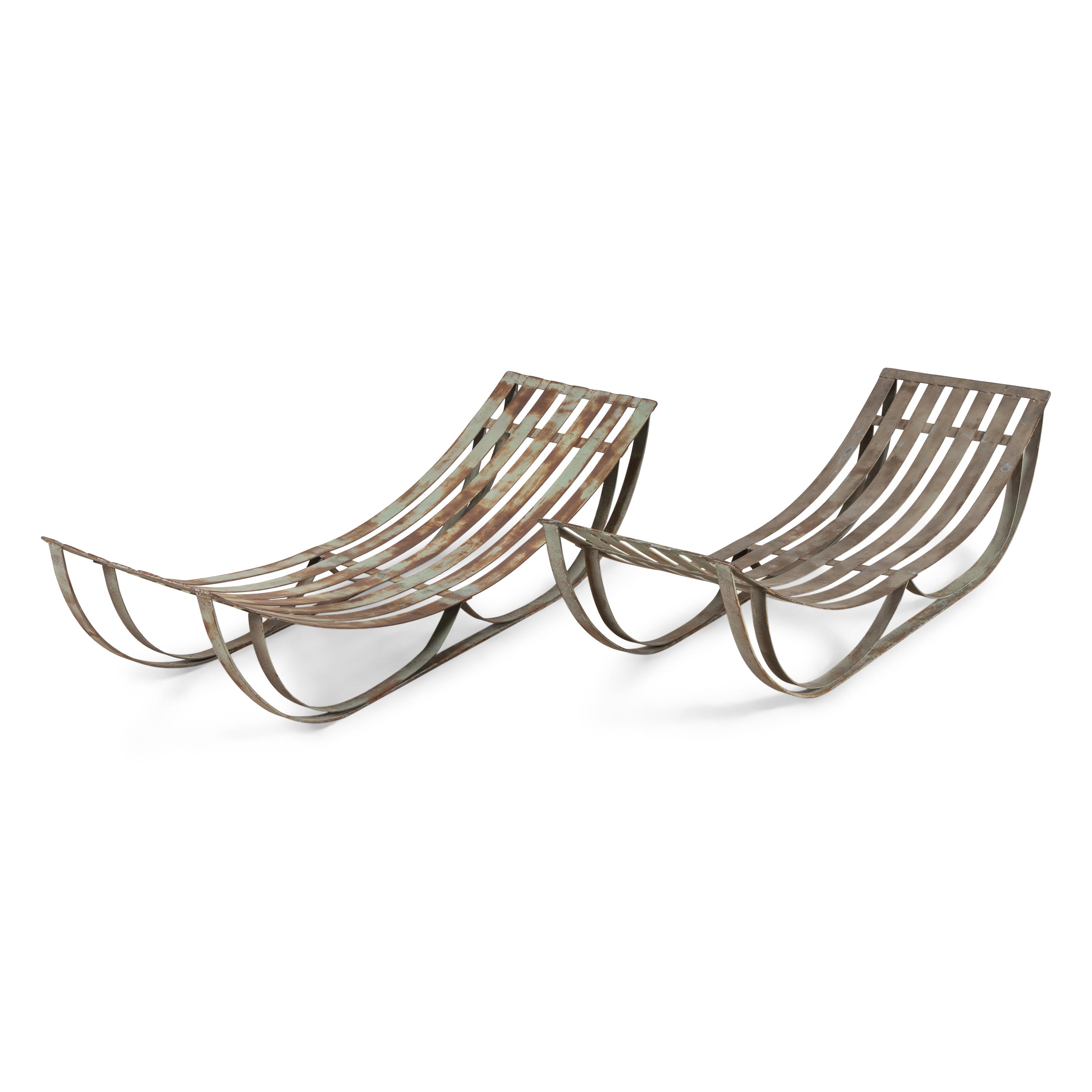 French Design c. 1950 — Two Iron Outdoor Chaise Lounge Chairs