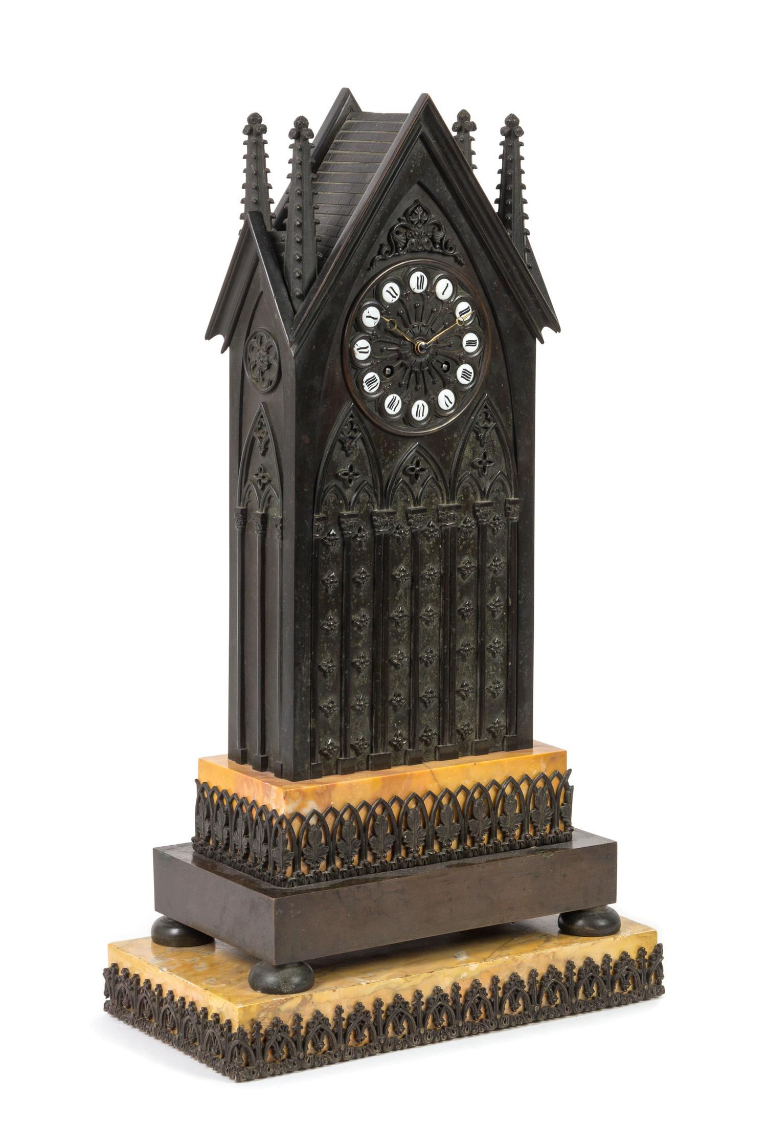 A French Gothic Revival Bronze and Sienna Marble Mantel Clock Height overall 23 1/2 inches. — LESIEUR, 19TH CENTURY