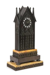 A French Gothic Revival Bronze and Sienna Marble Mantel Clock Height overall 23 1/2 inches. — LESIEUR, 19TH CENTURY