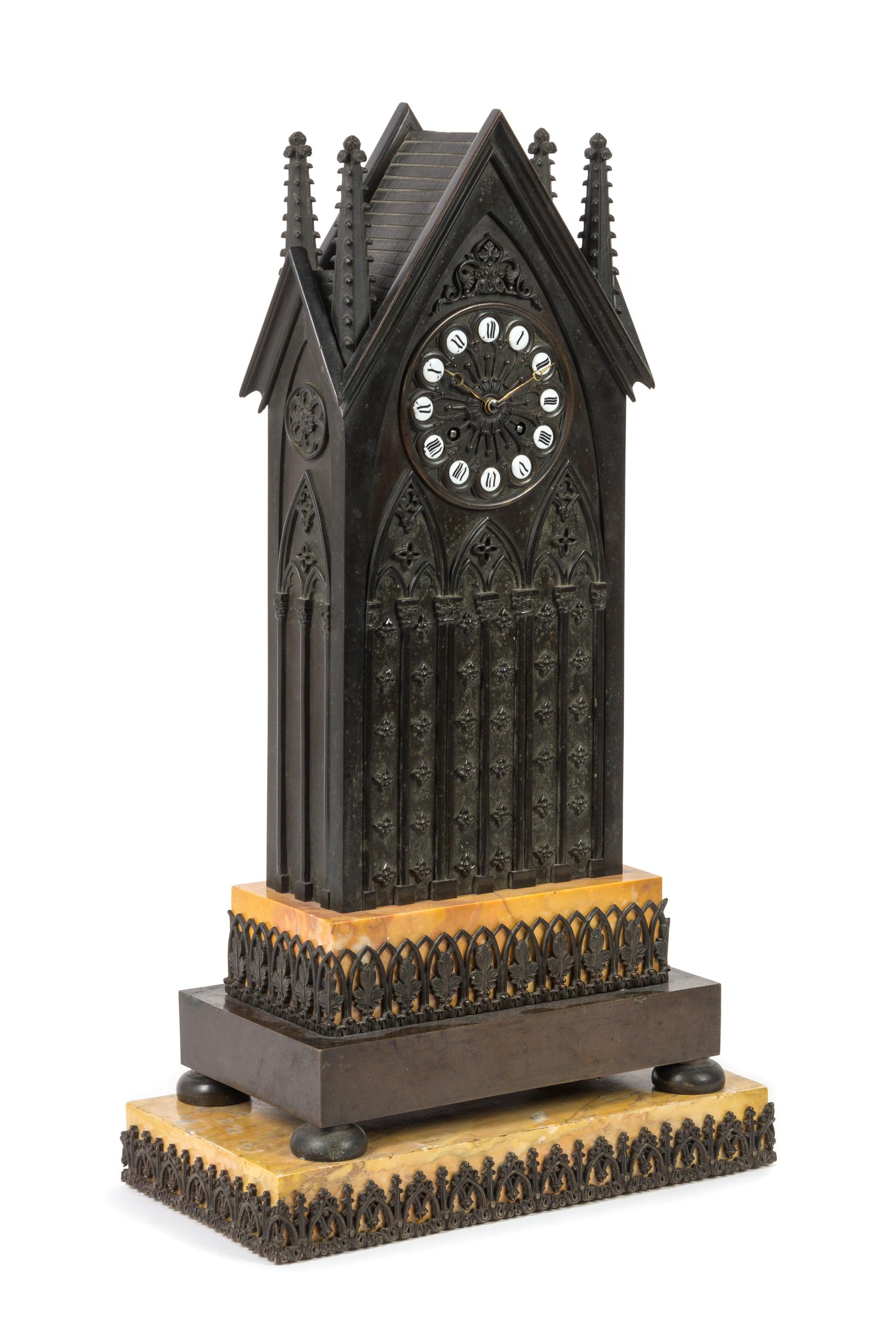 A French Gothic Revival Bronze and Sienna Marble Mantel Clock Height overall 23 1/2 inches. — LESIEUR, 19TH CENTURY