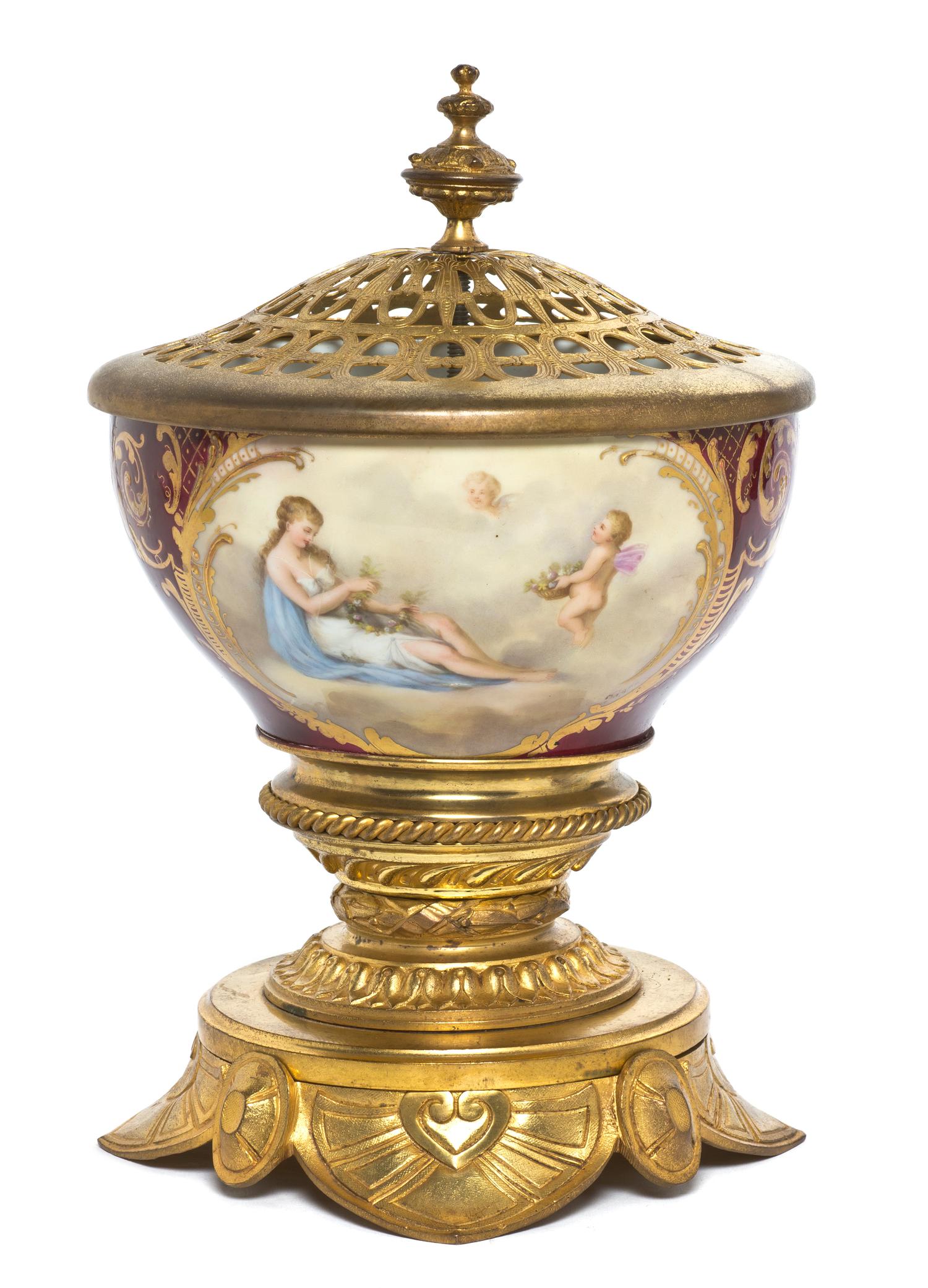 A Royal Vienna Style Porcelain and Gilt Metal Mounted Potpourri, Height 11 1/2 inches.