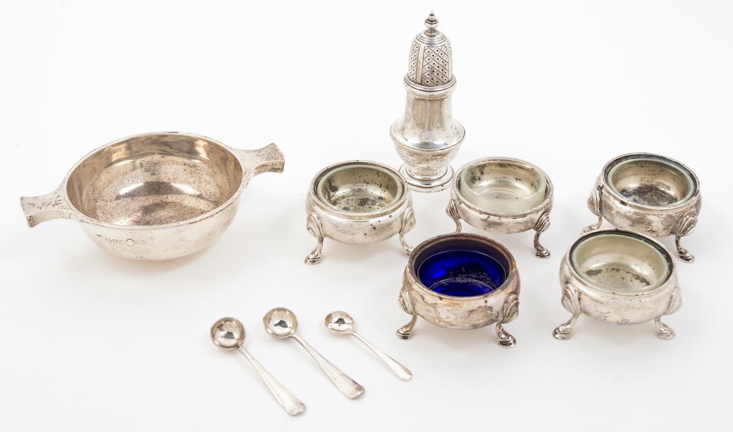 An English Silver Wine Taster, S Blanckensee & Sons Ltd, Chester, First half 20th century, together with four English open salts with t