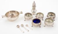 An English Silver Wine Taster, S Blanckensee & Sons Ltd, Chester, First half 20th century, together with four English open salts with t
