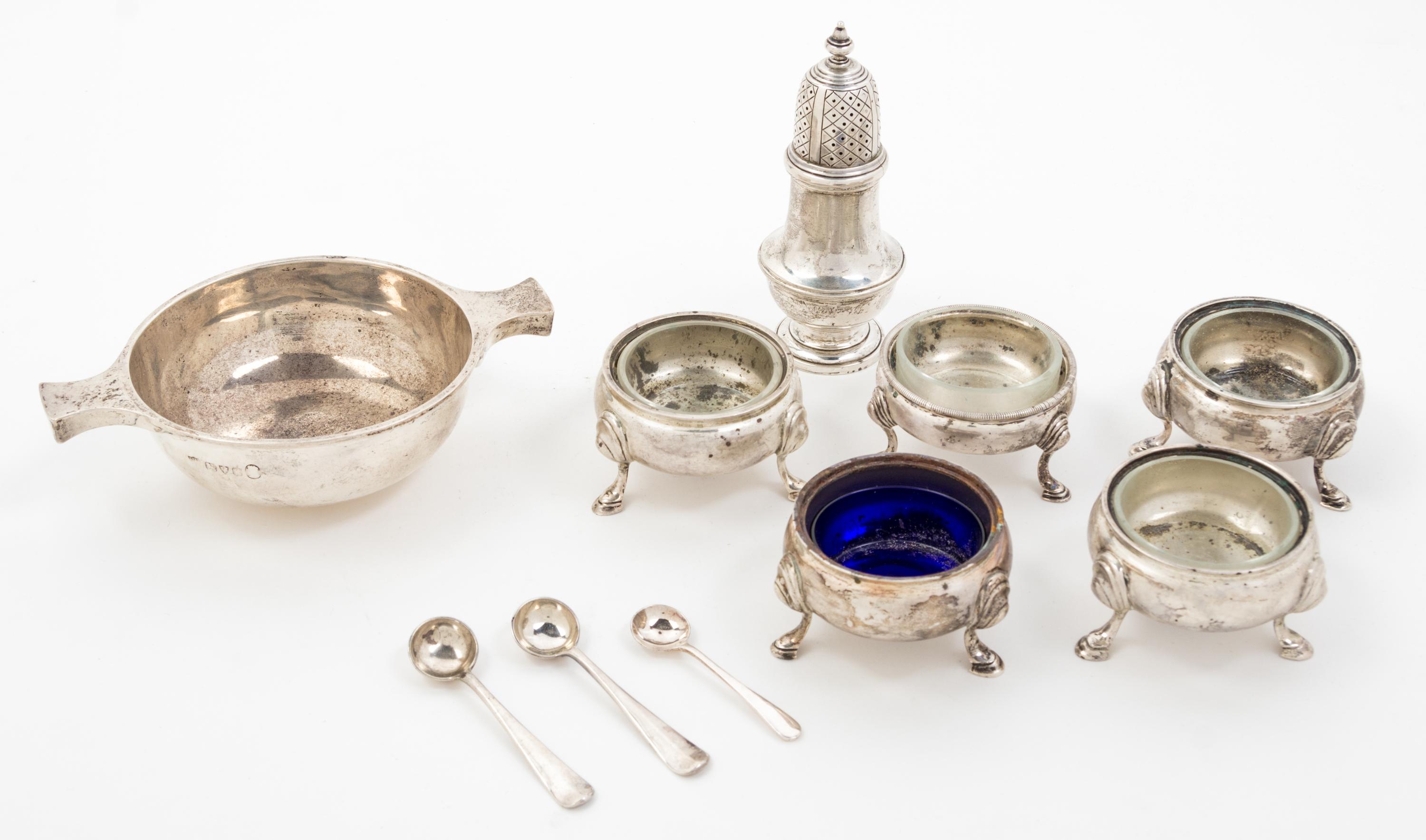 An English Silver Wine Taster, S Blanckensee & Sons Ltd, Chester, First half 20th century, together with four English open salts with t