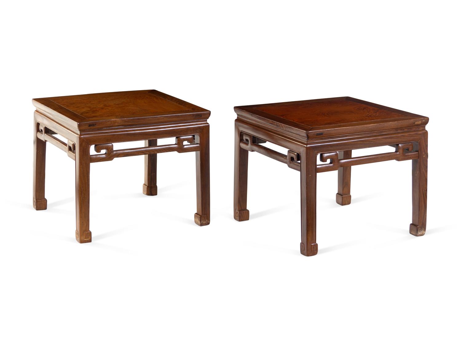 A Pair of Chinese Hardwood Square Waisted Corner-Leg Stools, Fangdeng