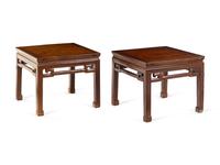 A Pair of Chinese Hardwood Square Waisted Corner-Leg Stools, Fangdeng