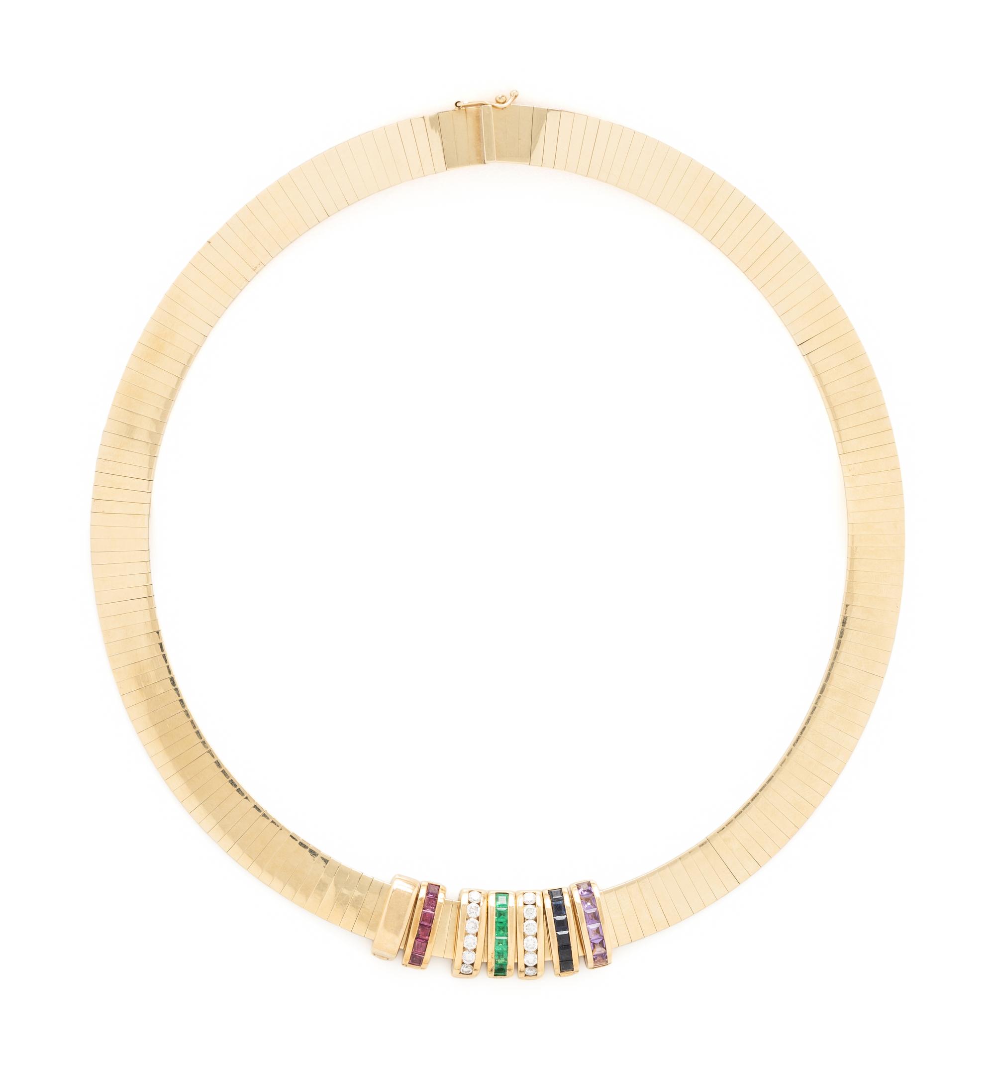 YELLOW GOLD AND MULTI GEMSTONE OMEGA SLIDER NECKLACE