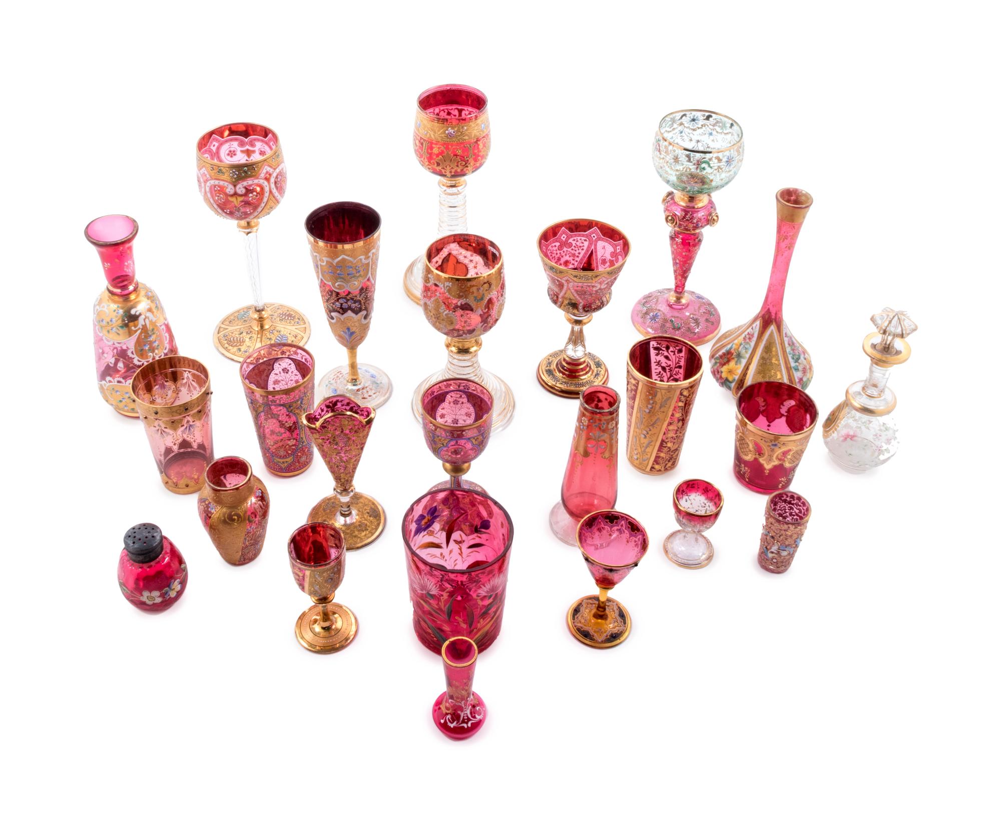 Twenty-Four Bohemian and Italian Enameled Ruby Glass Articles