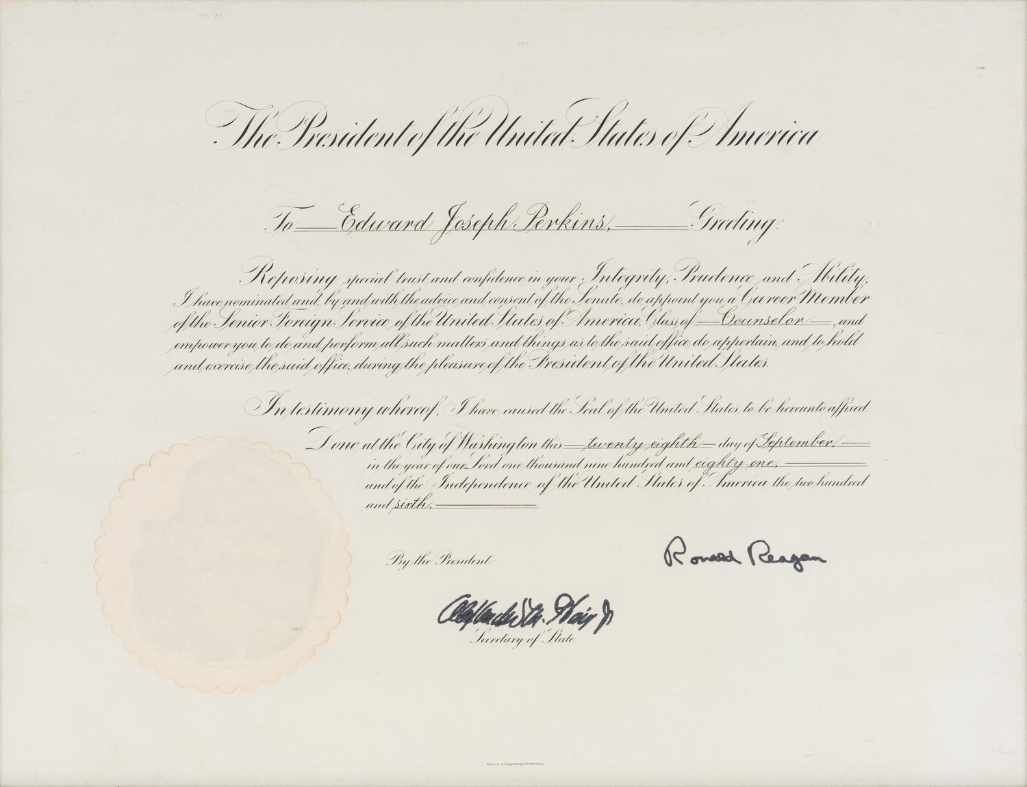 [PERKINS, Edward Joseph (1928-2020)]. A group of 9 documents or photographs by Presidents Nixon, Reagan, or Bush to Perkins, presumably with secretarial or facsimile signatures, including: