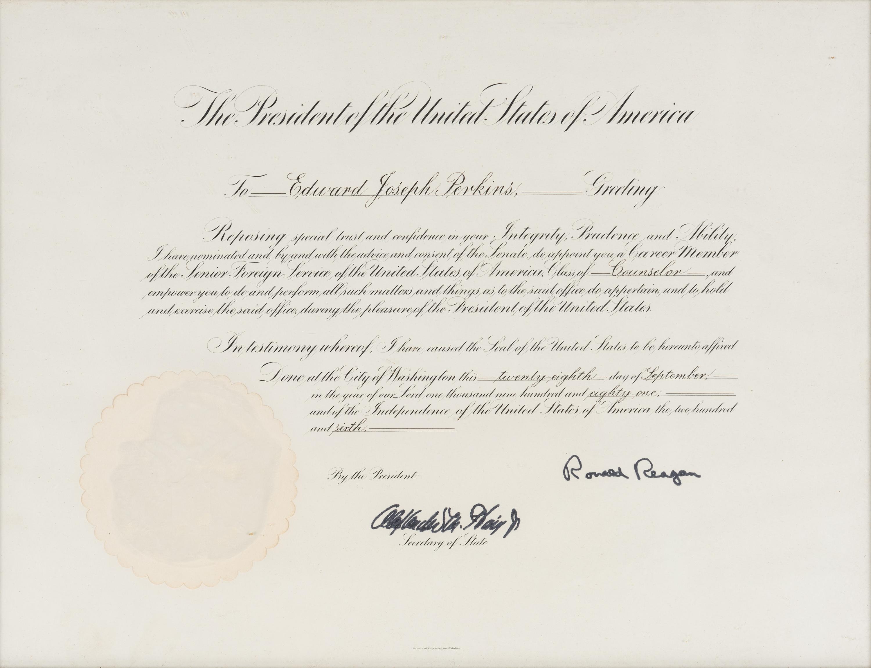 [PERKINS, Edward Joseph (1928-2020)]. A group of 9 documents or photographs by Presidents Nixon, Reagan, or Bush to Perkins, presumably with secretarial or facsimile signatures, including: