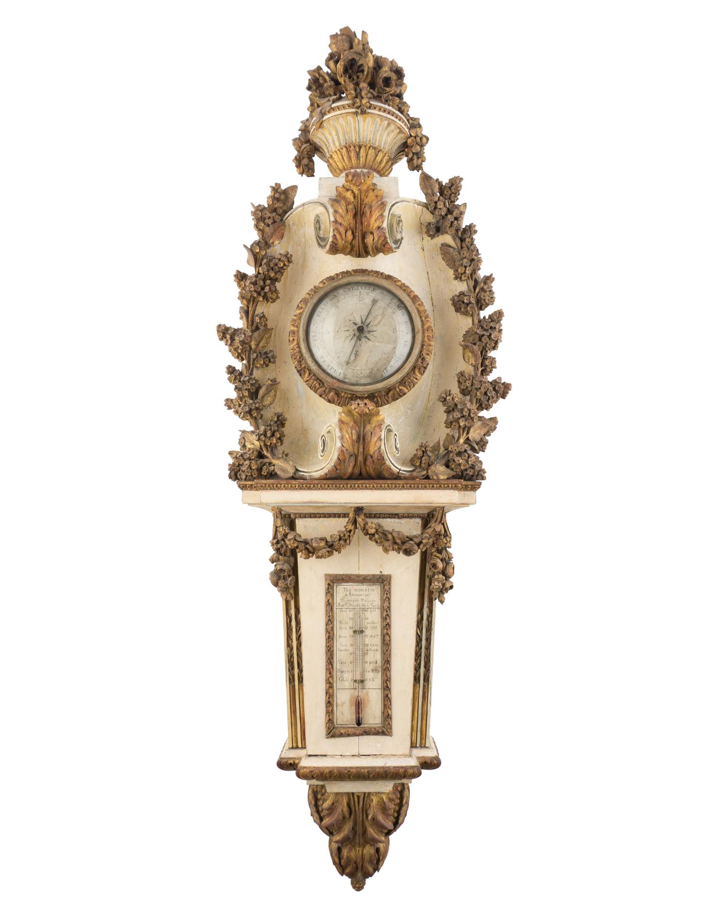 A Louis XVI Carved, Painted and Parcel Gilt Thermometer and Barometer