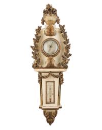 A Louis XVI Carved, Painted and Parcel Gilt Thermometer and Barometer