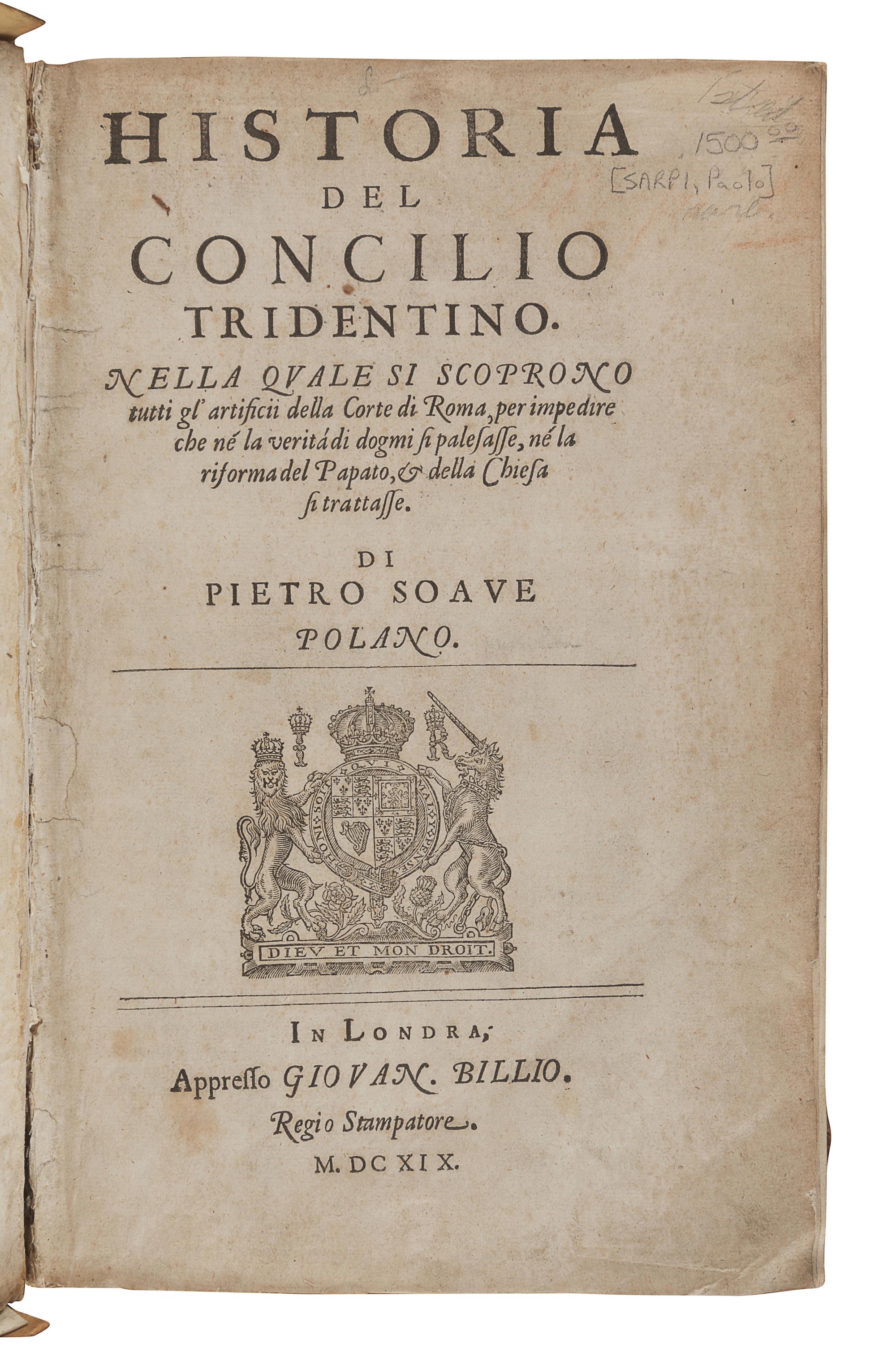 SARPI, Paolo (1552-1623). Historia del Concilio Tridentino. London: John Bill, 1619.