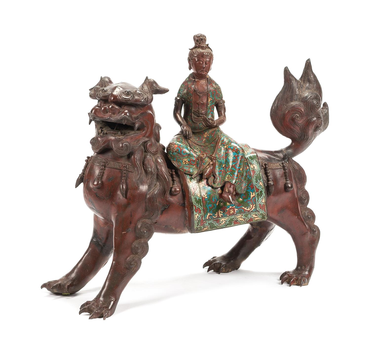 A Chinese Cloisonne Decorated Bronze Figure Height 25 x width 30 inches.