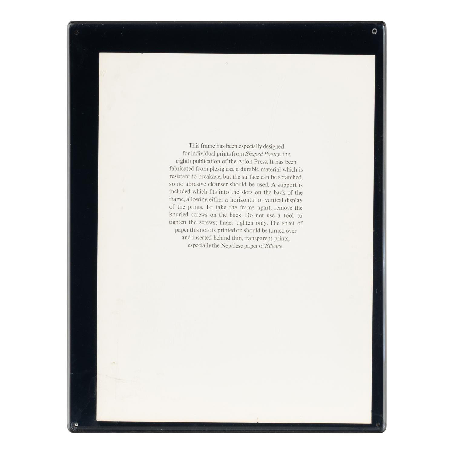 [Fine Press - Arion Press]. Todd, Glenn, editor. Shaped Poetry: A Suite of 30 Typographic Prints Chronicling this Literary Form from 300BC to the Present . San Francisco: The Arion Press, 1981.