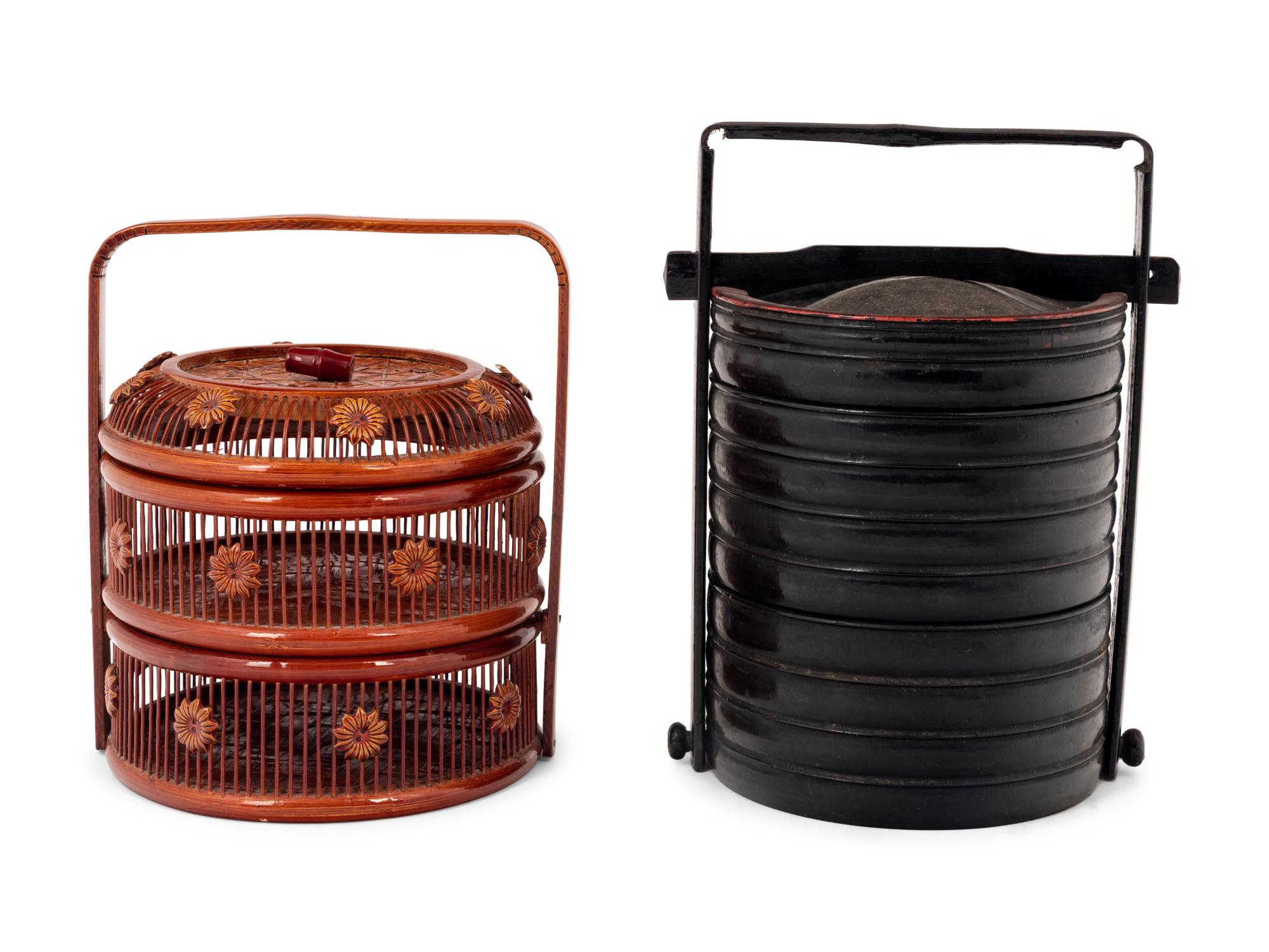 Two Chinese Lacquered Wood and Bamboo Food Baskets
