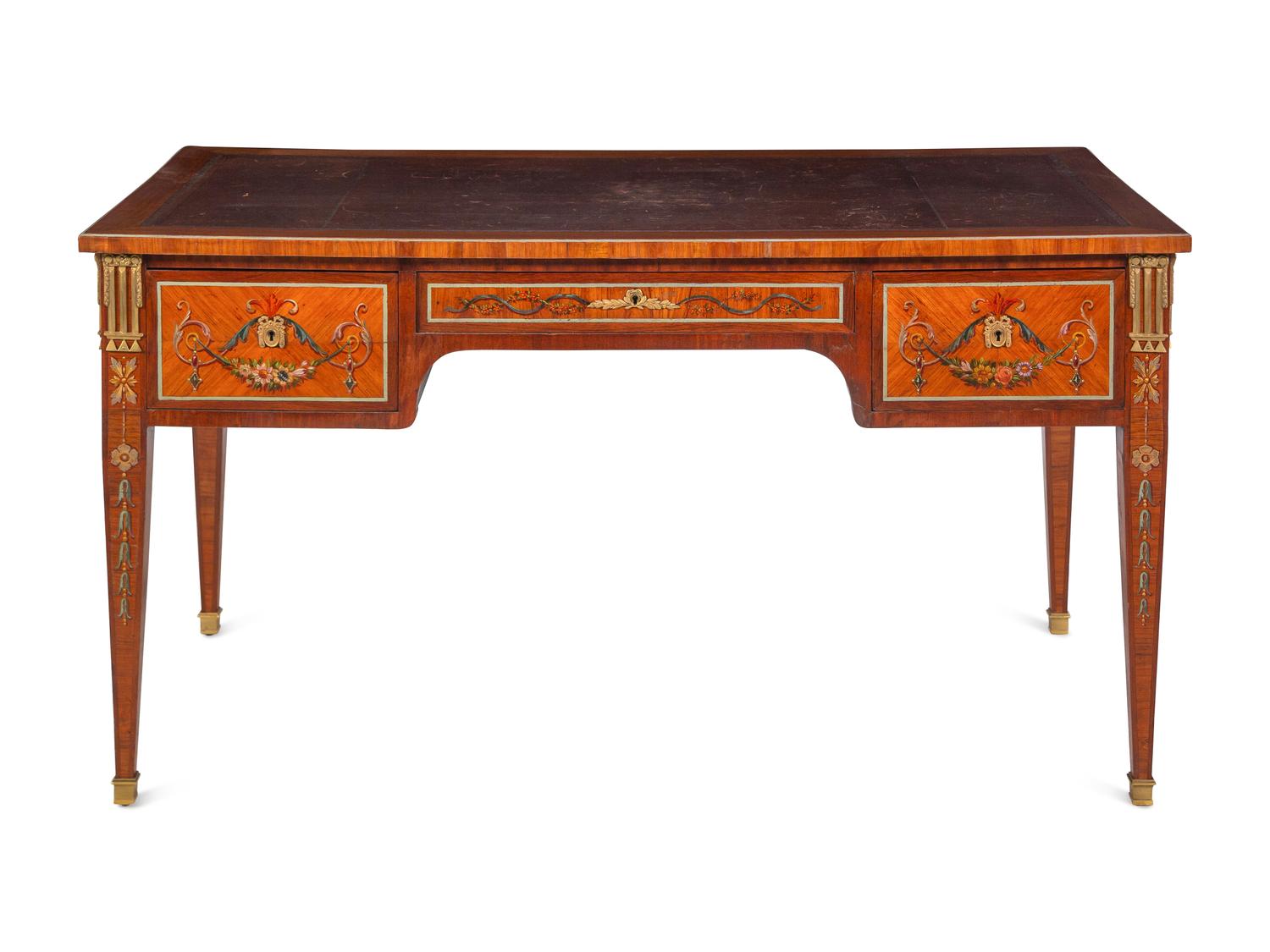 A French Neoclassical Style Gilt Bronze Mounted and Painted Bureau Plat