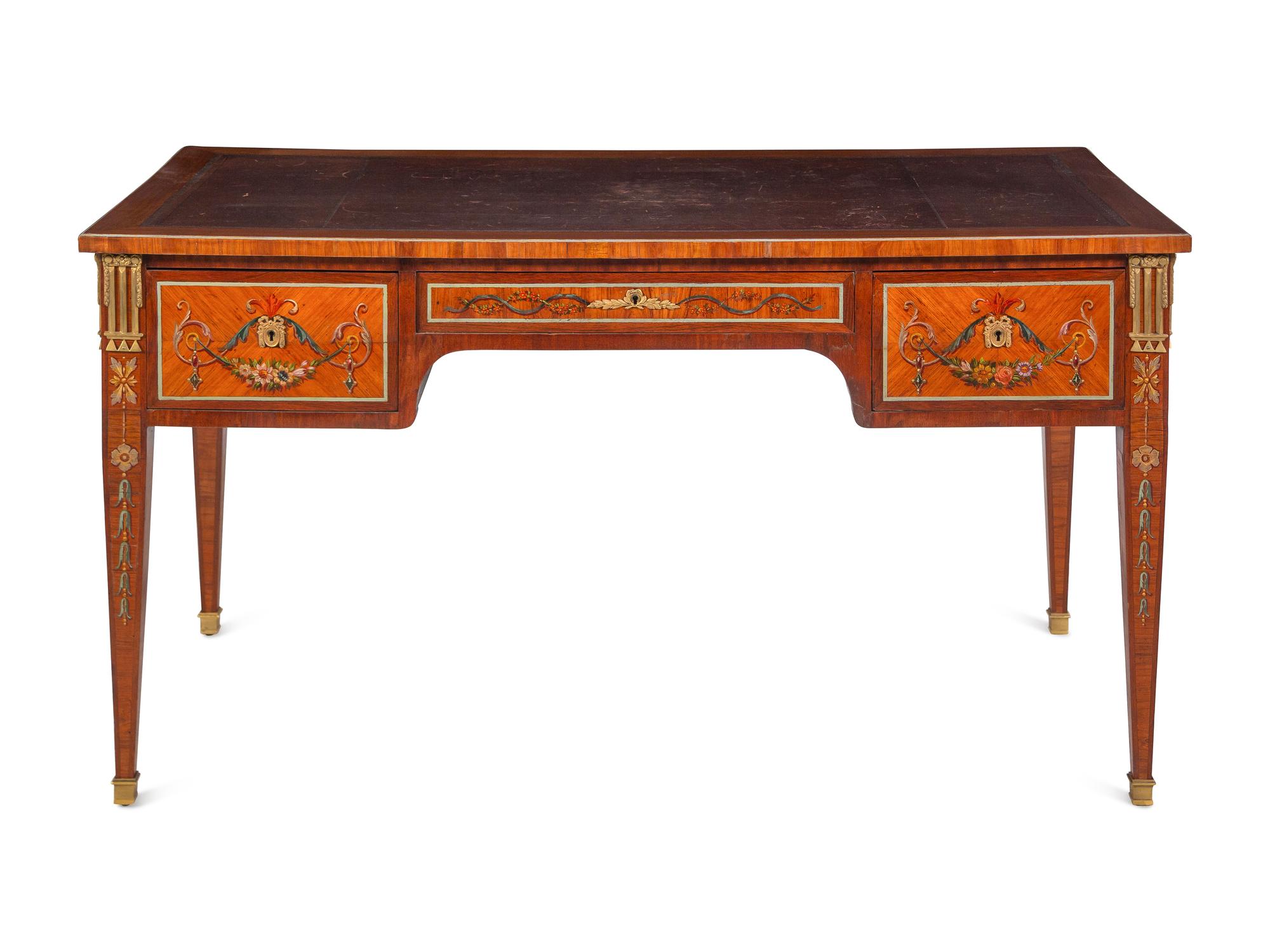 A French Neoclassical Style Gilt Bronze Mounted and Painted Bureau Plat