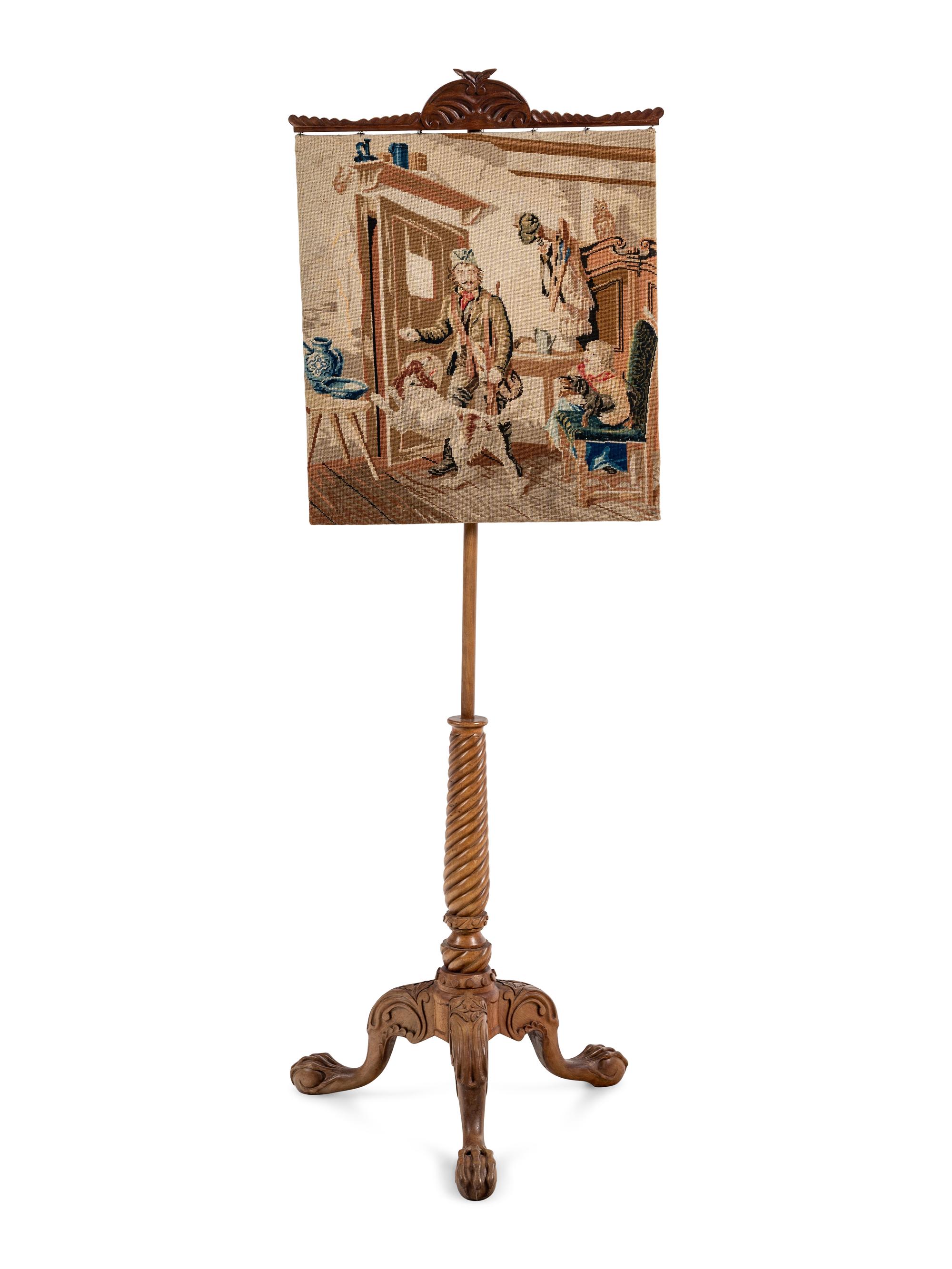A George II Style Pole Screen with a Needlepoint Panel