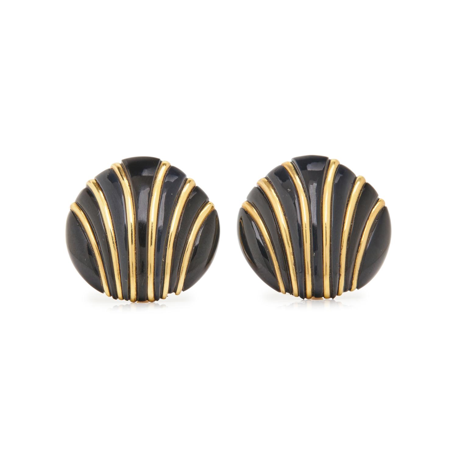 YELLOW GOLD AND ONYX EAR CLIPS
