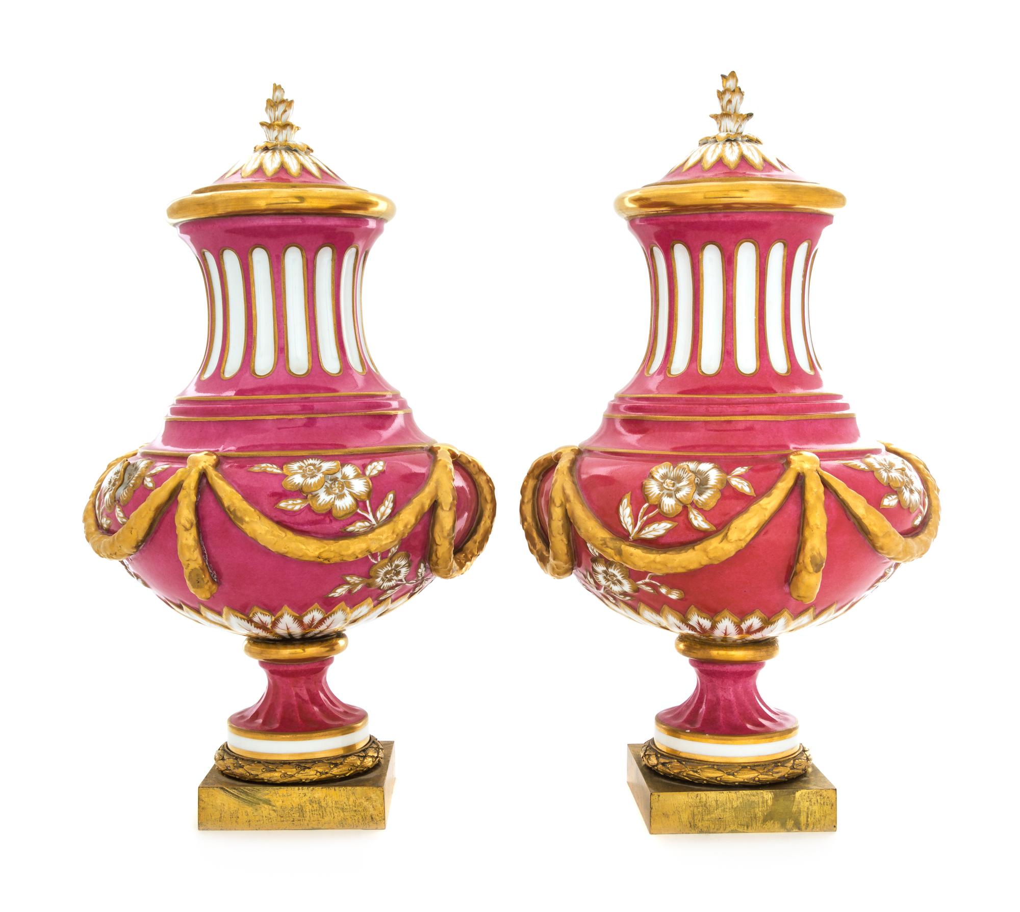 A Pair of Sevres Style Covered Porcelain Urns Height 17 inches. — MID-19TH CENTURY