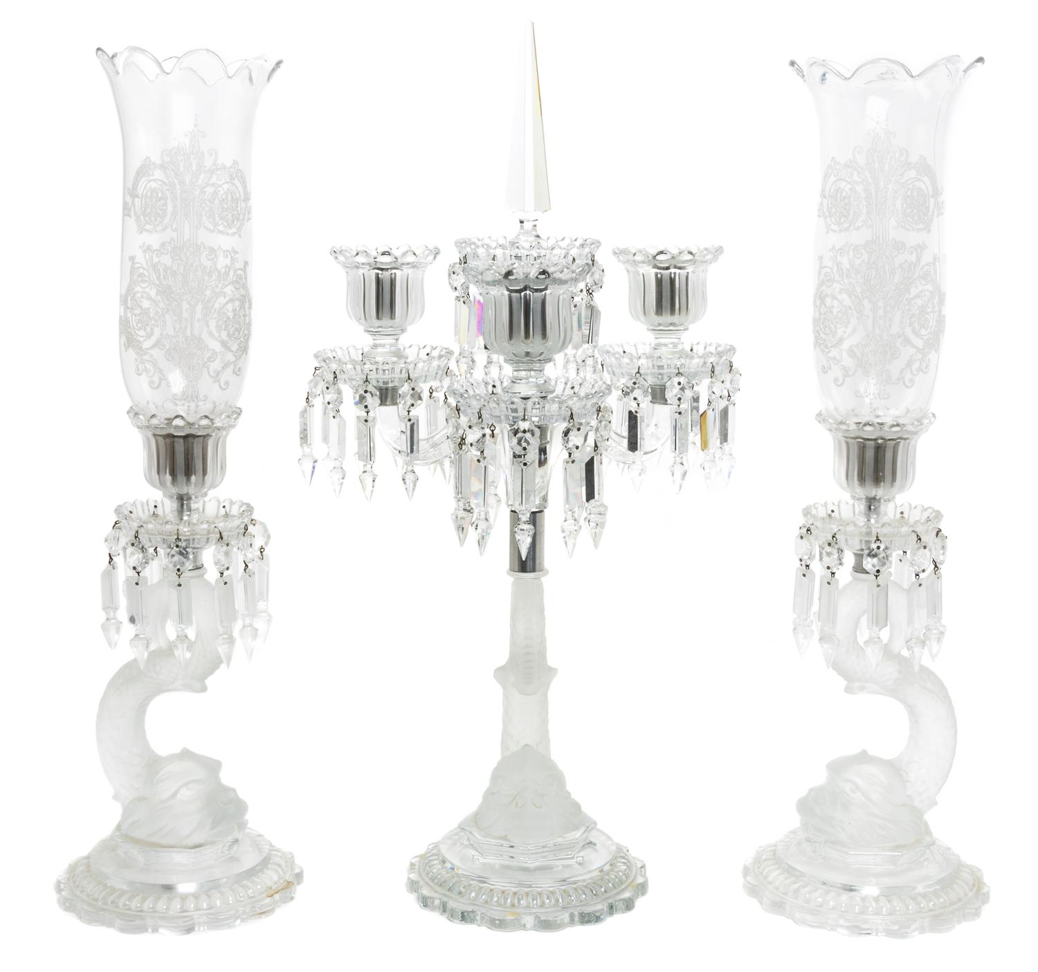 A Three-Piece Molded and Frosted Glass Garniture Height of tallest 24 inches. — BACCARAT, 20TH CENTURY