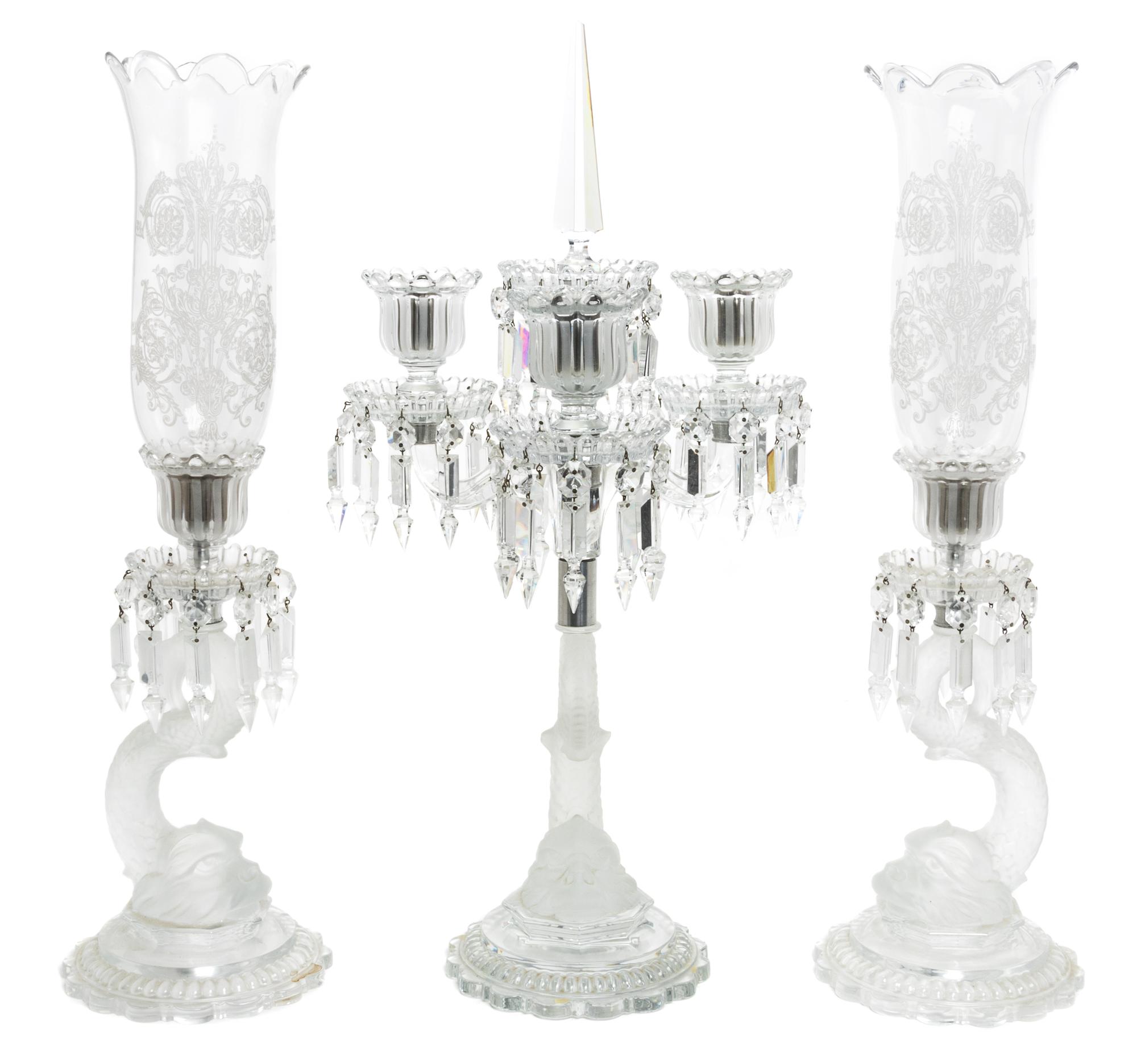 A Three-Piece Molded and Frosted Glass Garniture Height of tallest 24 inches. — BACCARAT, 20TH CENTURY