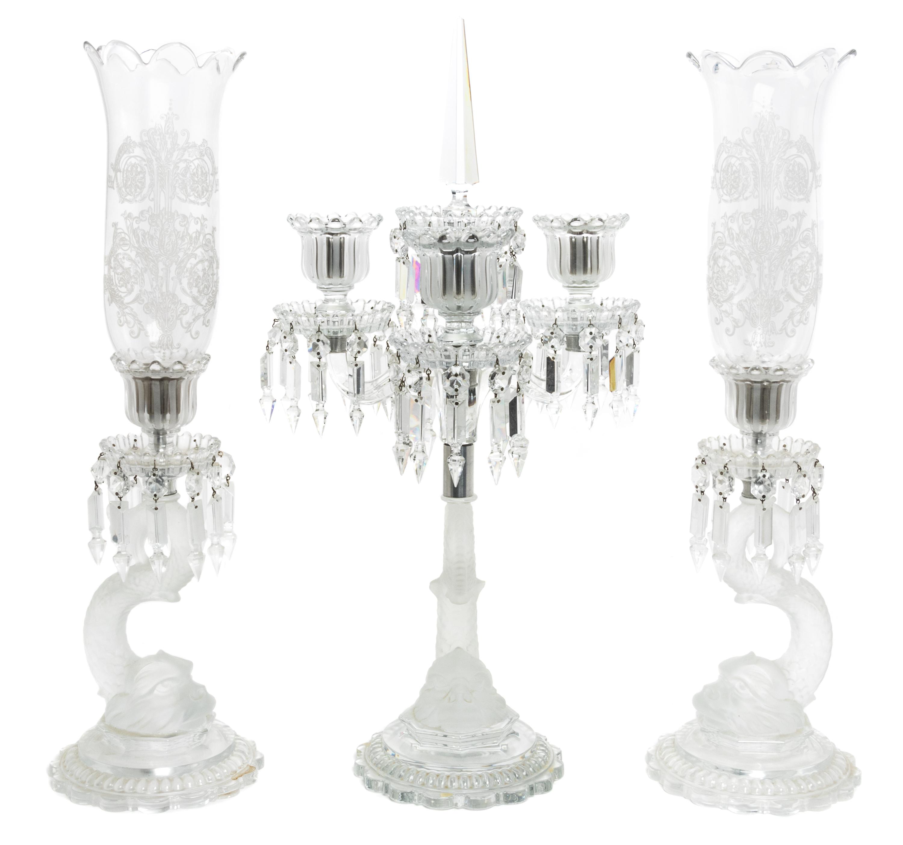 A Three-Piece Molded and Frosted Glass Garniture Height of tallest 24 inches. — BACCARAT, 20TH CENTURY